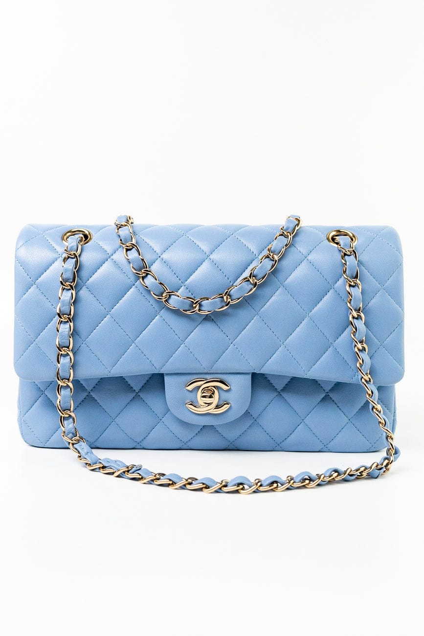 21C Sky Blue Lambskin Quilted Classic Flap Medium Light Gold Hardware