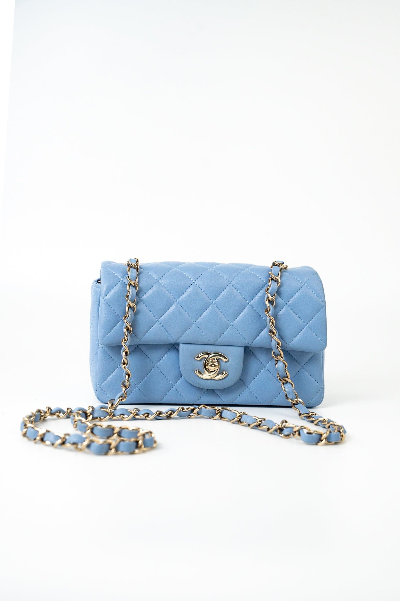21C Sky Blue Lambskin Quilted Mini Rectangular Flap Light Gold Hardware