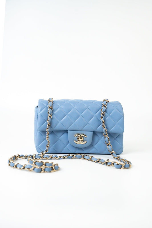21C Sky Blue Lambskin Quilted Mini Rectangular Flap Light Gold Hardware
