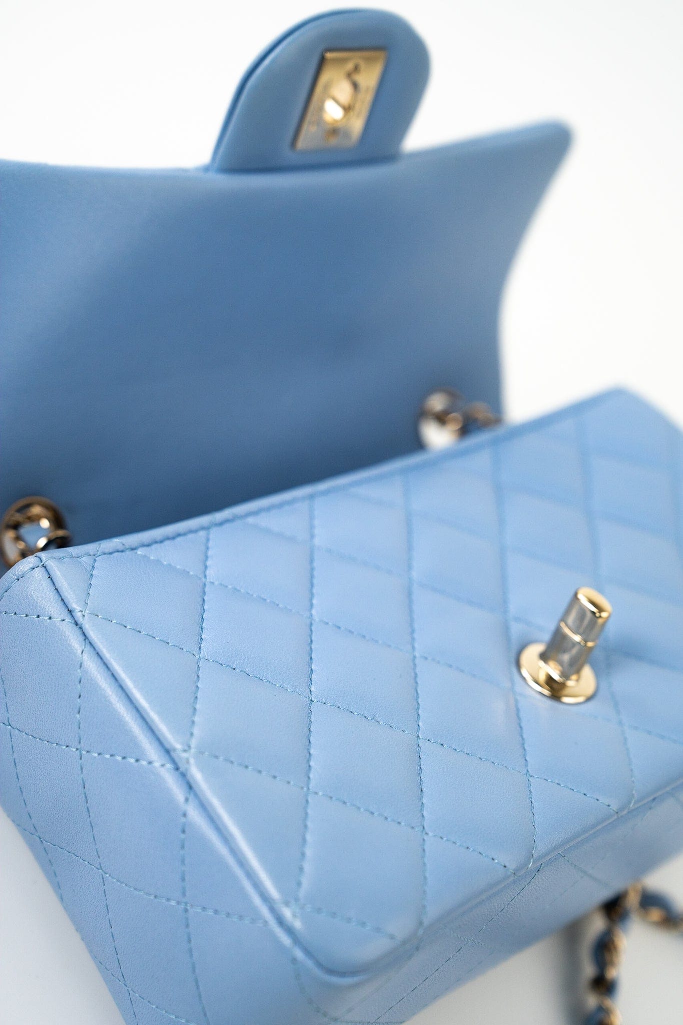 21C Sky Blue Lambskin Quilted Mini Rectangular Flap Light Gold Hardware
