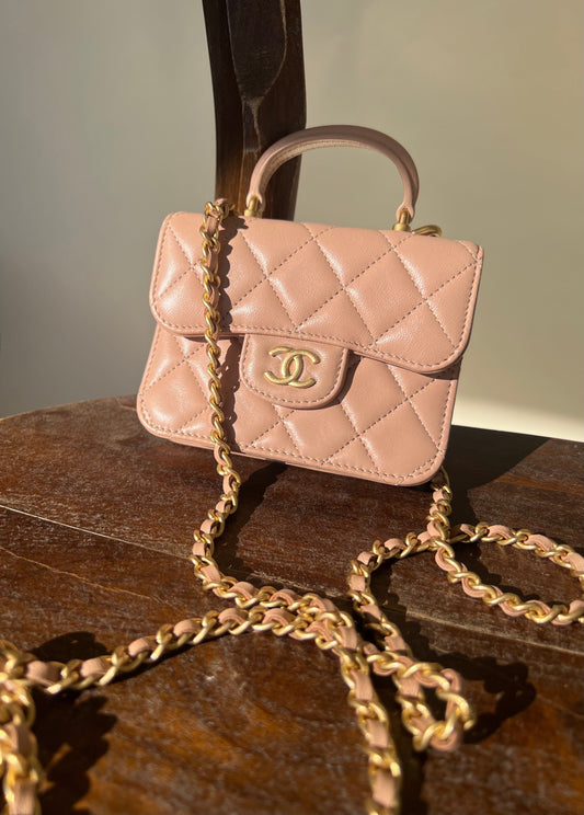 21K Beige Micro Lambskin Quilted Top Handle Flap Coin Purse with Chain