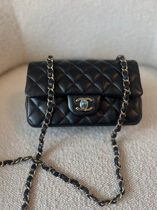 21K Black Lambskin Quilted Mini Rectangular Single Flap Light Gold Hardware