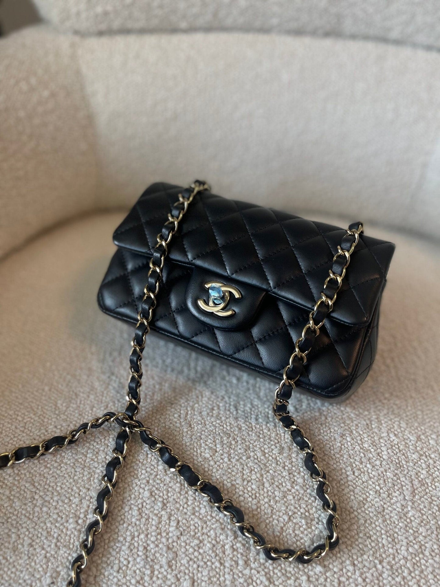 21K Black Lambskin Quilted Mini Rectangular Single Flap Light Gold Hardware