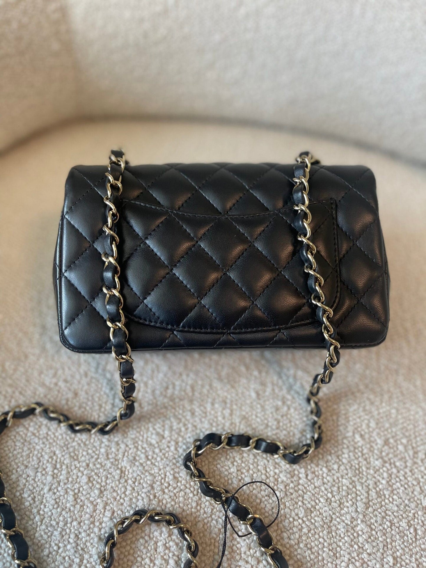 21K Black Lambskin Quilted Mini Rectangular Single Flap Light Gold Hardware