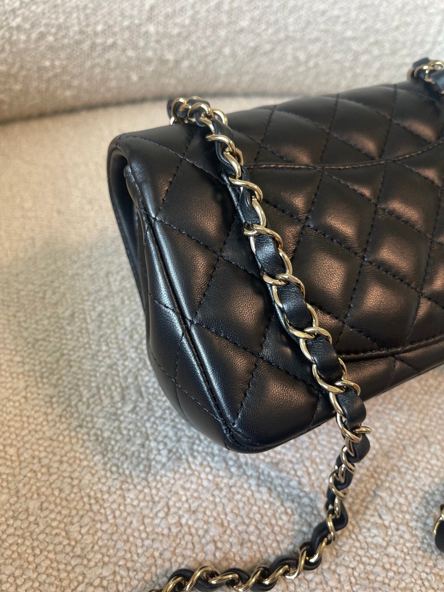 21K Black Lambskin Quilted Mini Rectangular Single Flap Light Gold Hardware