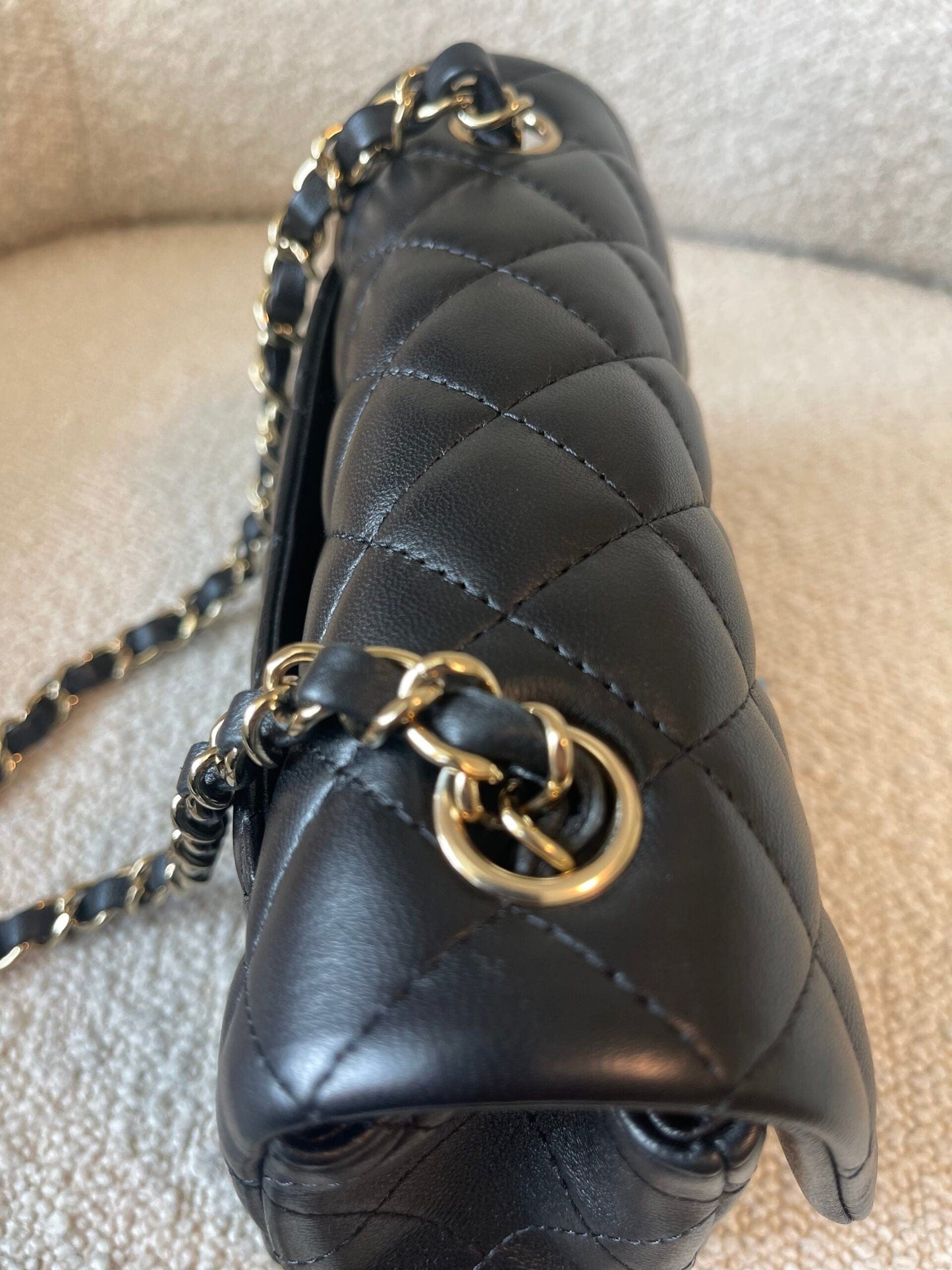 21K Black Lambskin Quilted Mini Rectangular Single Flap Light Gold Hardware