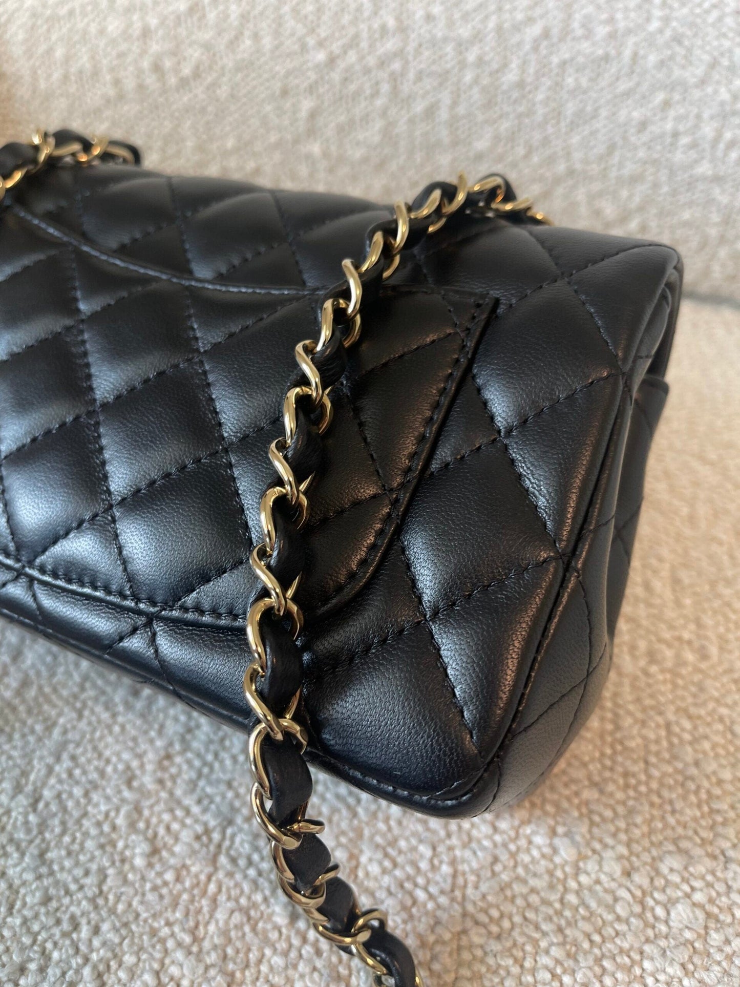 21K Black Lambskin Quilted Mini Rectangular Single Flap Light Gold Hardware