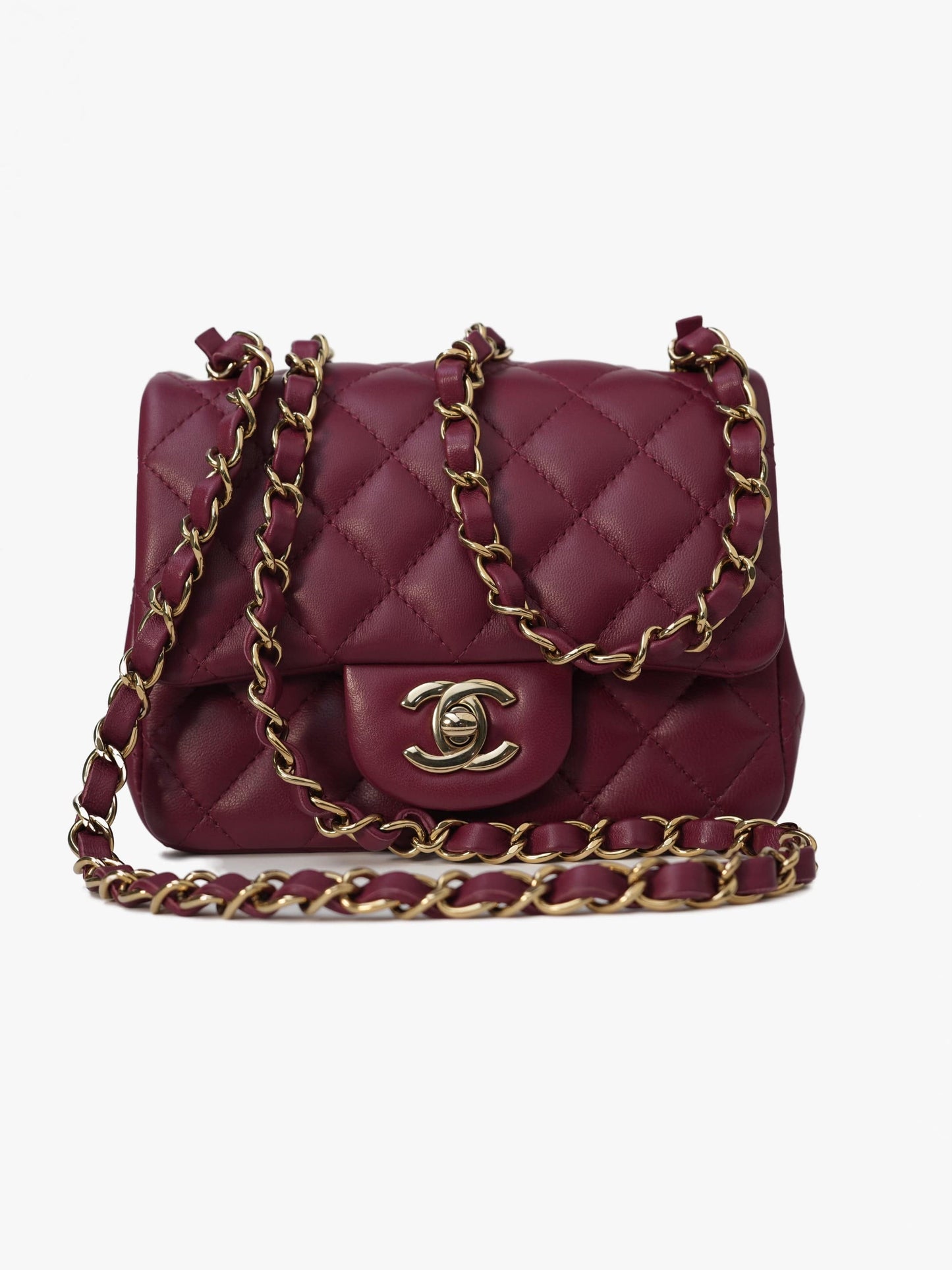 21K Burgundy Lambskin Quilted Mini Square Flap