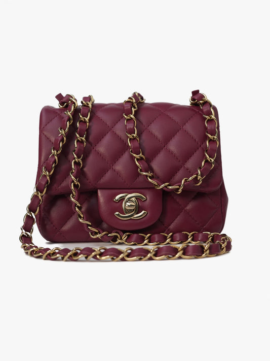 21K Burgundy Lambskin Quilted Mini Square Flap
