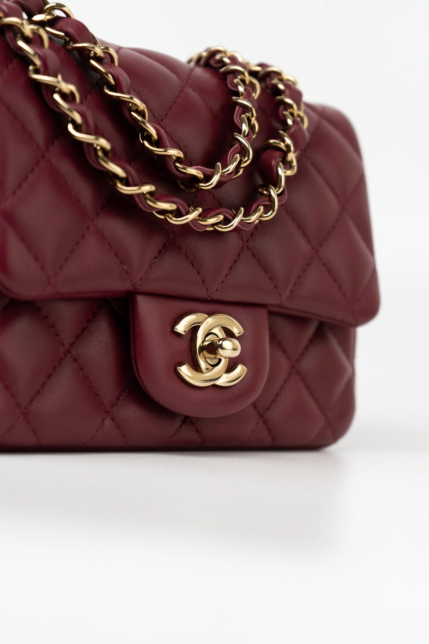 21K Burgundy Lambskin Quilted Mini Square Flap
