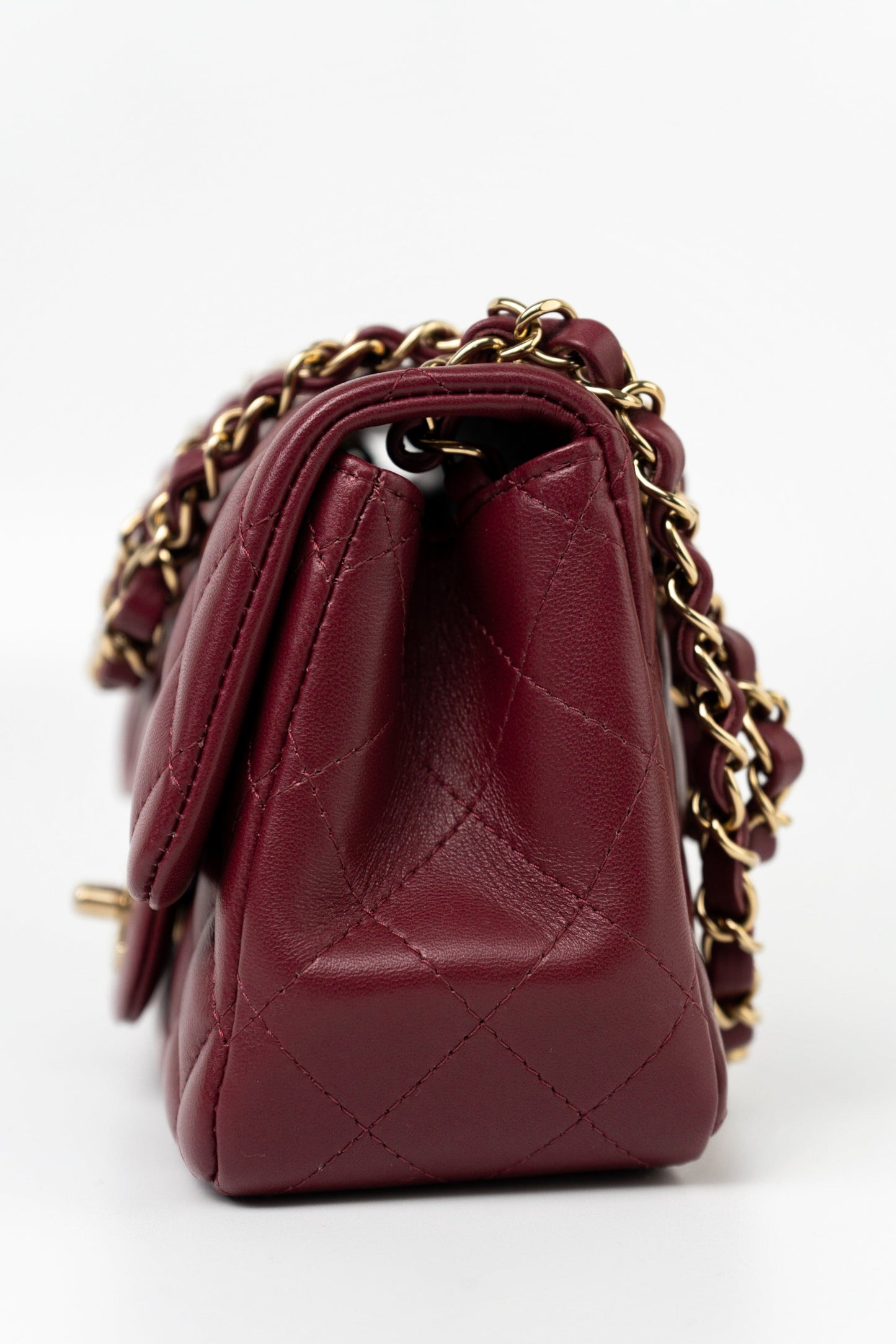 21K Burgundy Lambskin Quilted Mini Square Flap