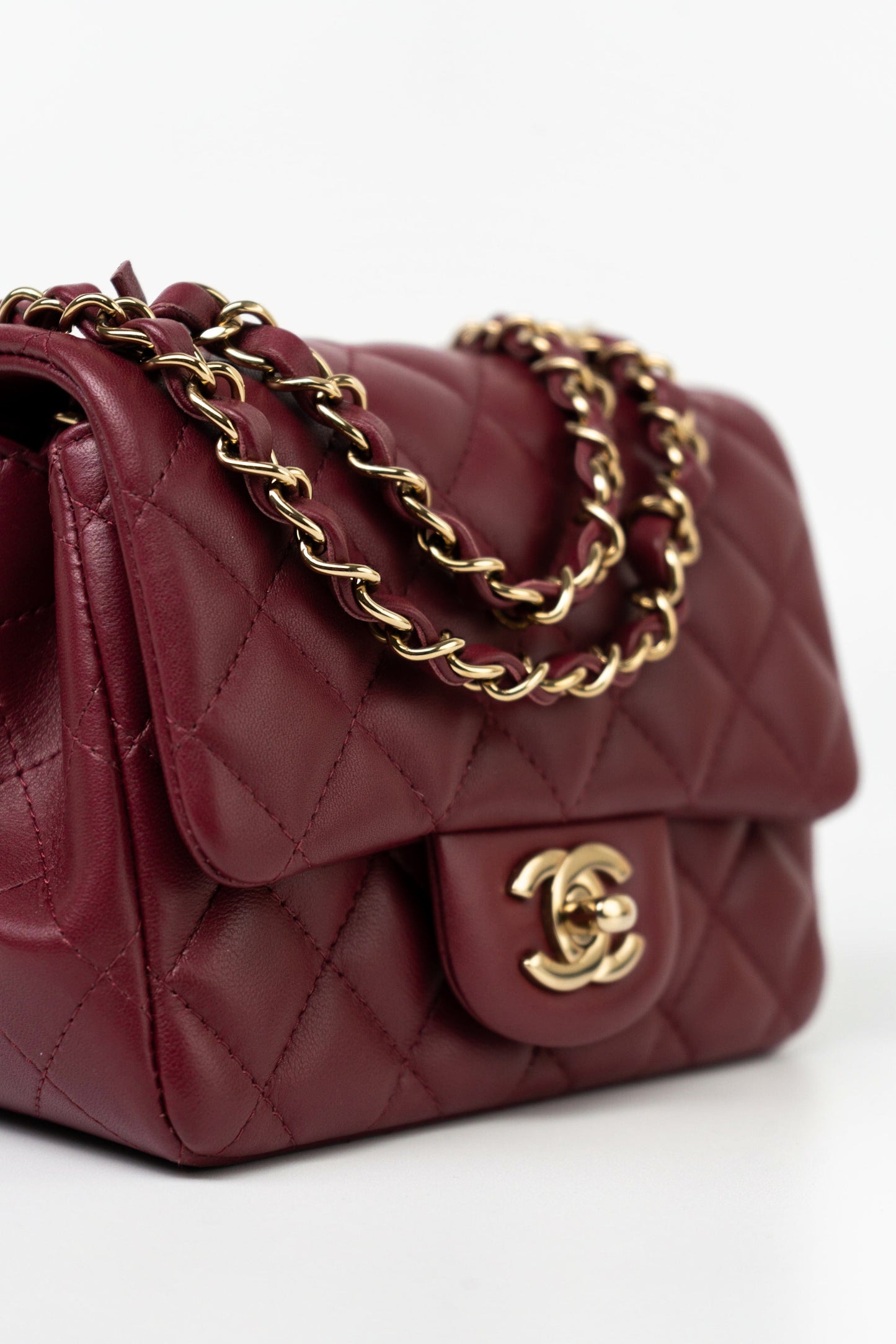 21K Burgundy Lambskin Quilted Mini Square Flap