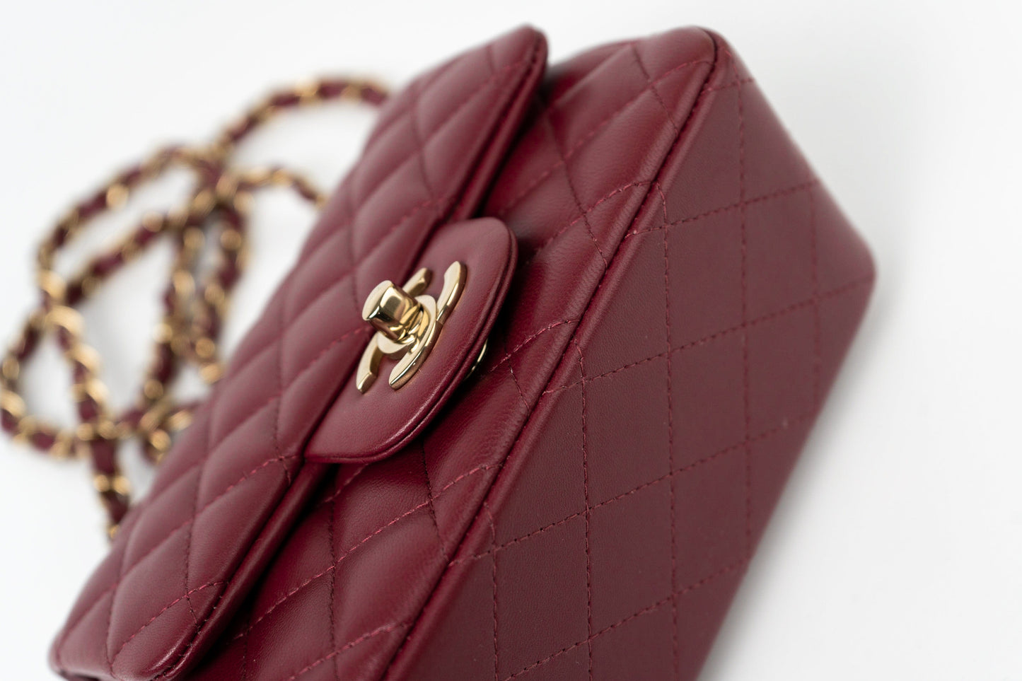 21K Burgundy Lambskin Quilted Mini Square Flap