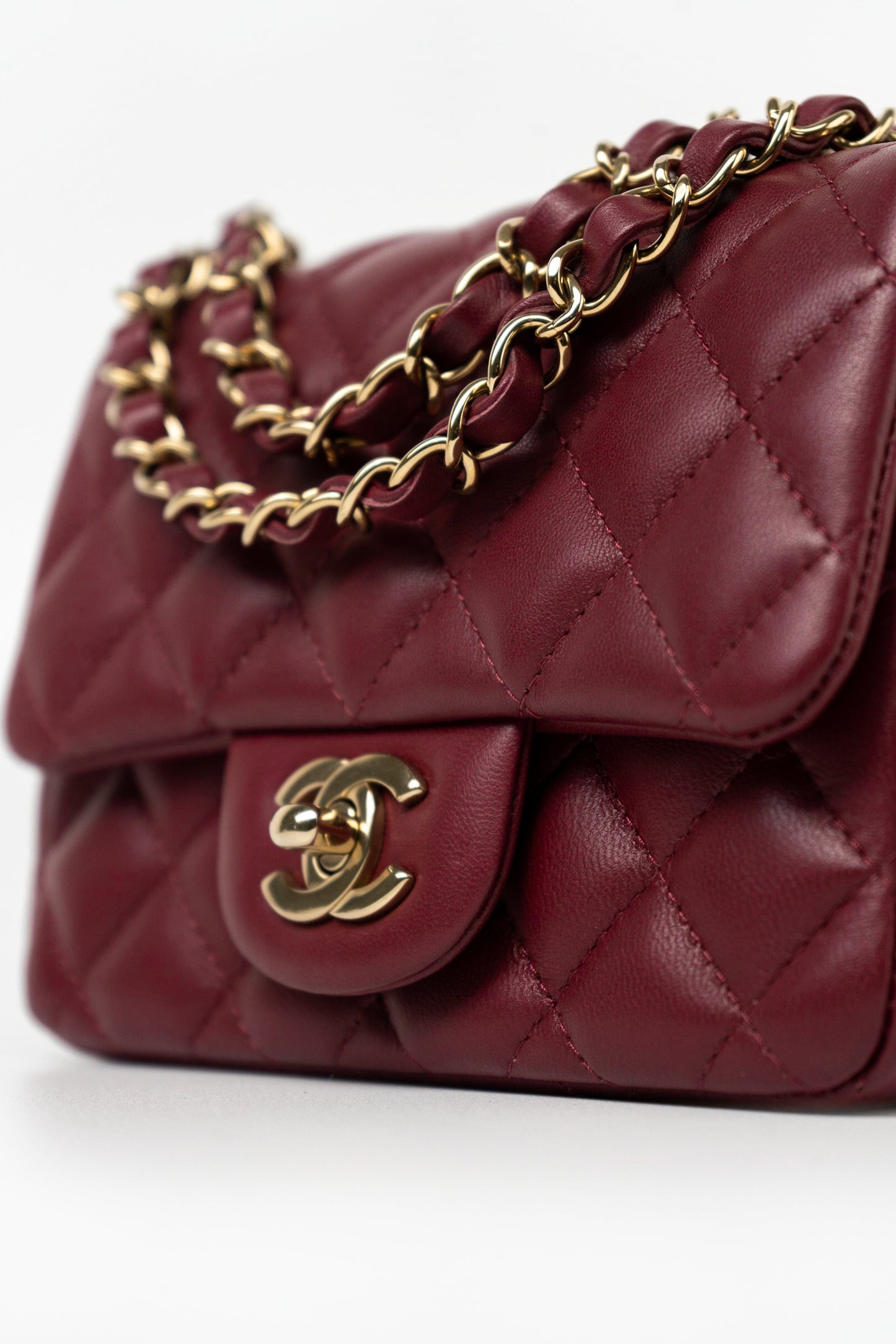 21K Burgundy Lambskin Quilted Mini Square Flap