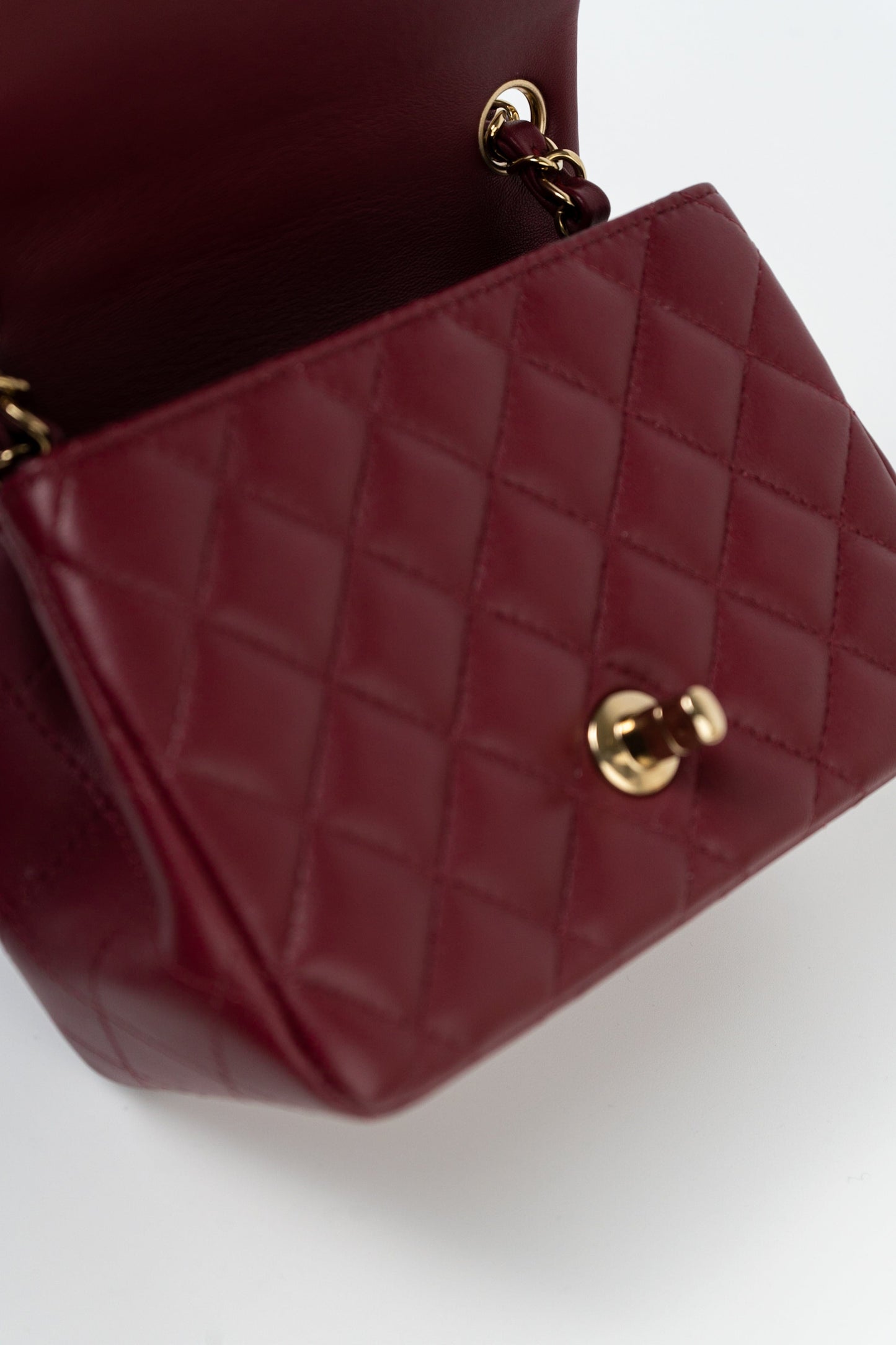 21K Burgundy Lambskin Quilted Mini Square Flap