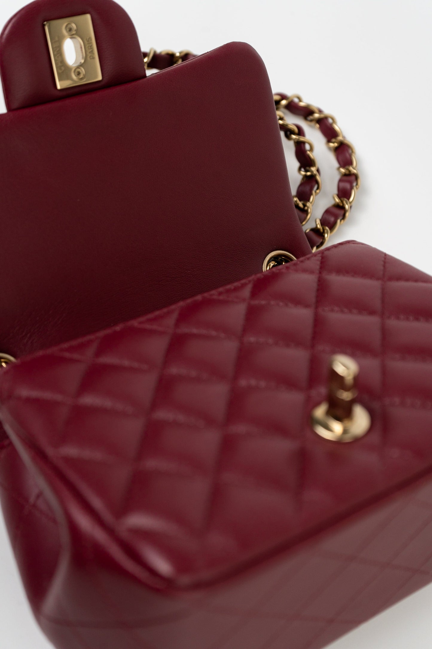 21K Burgundy Lambskin Quilted Mini Square Flap