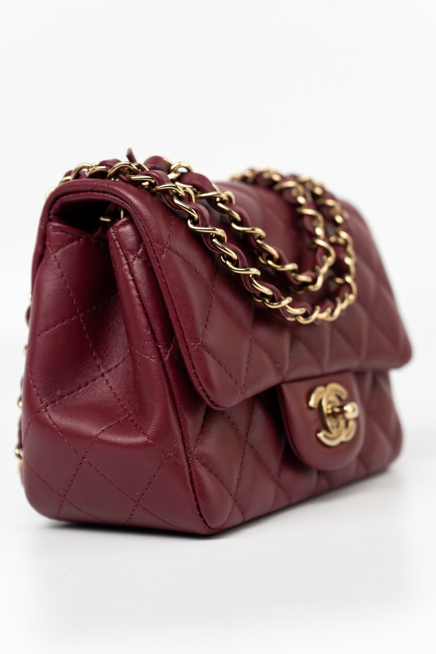 21K Burgundy Lambskin Quilted Mini Square Flap