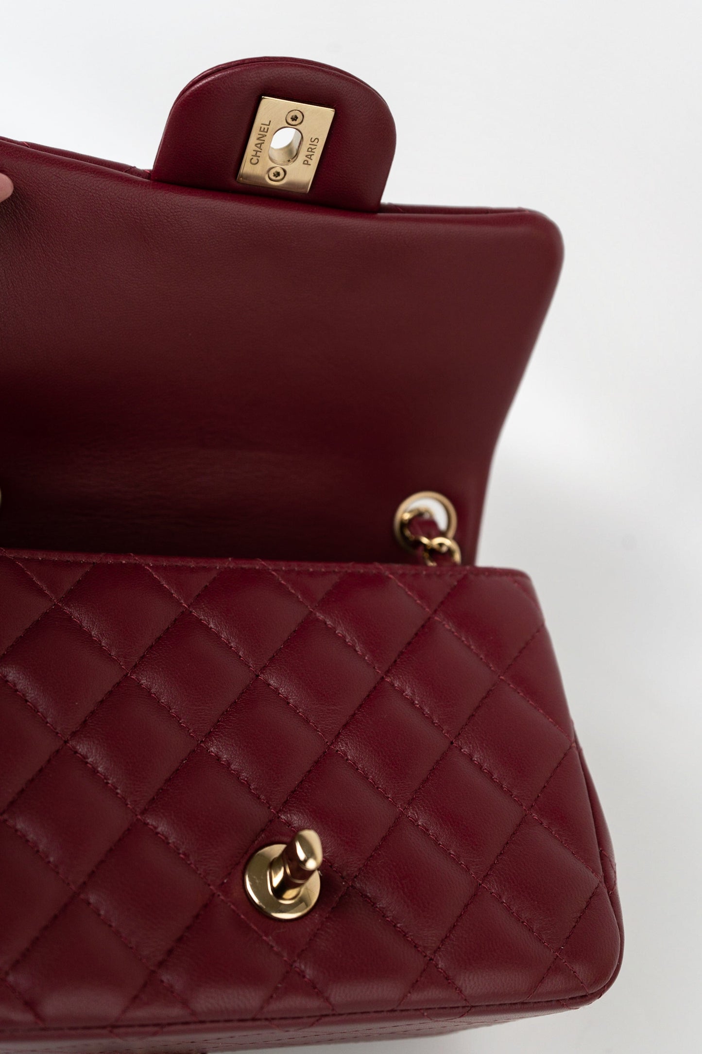 21K Burgundy Lambskin Quilted Mini Square Flap