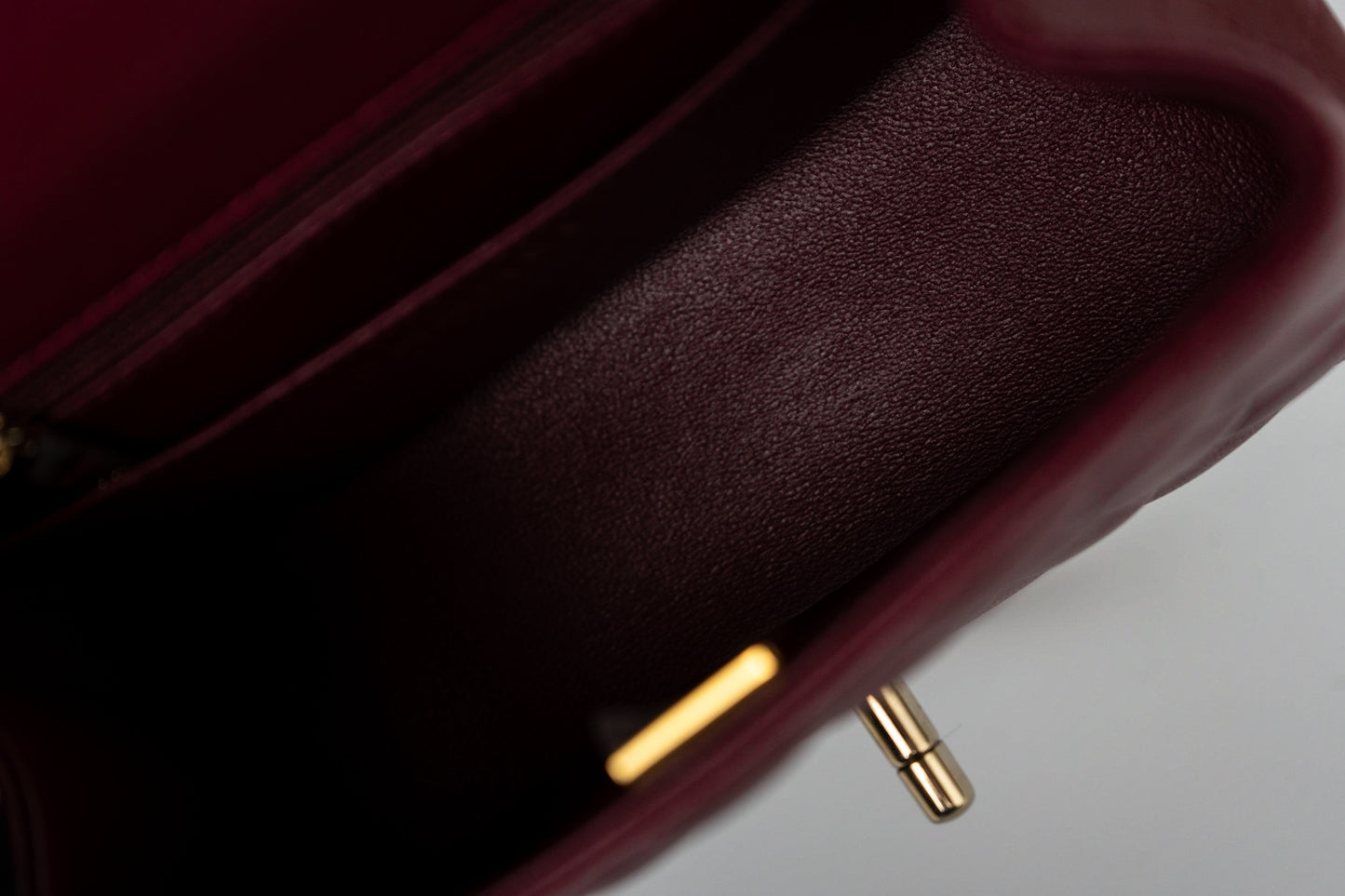 21K Burgundy Lambskin Quilted Mini Square Flap