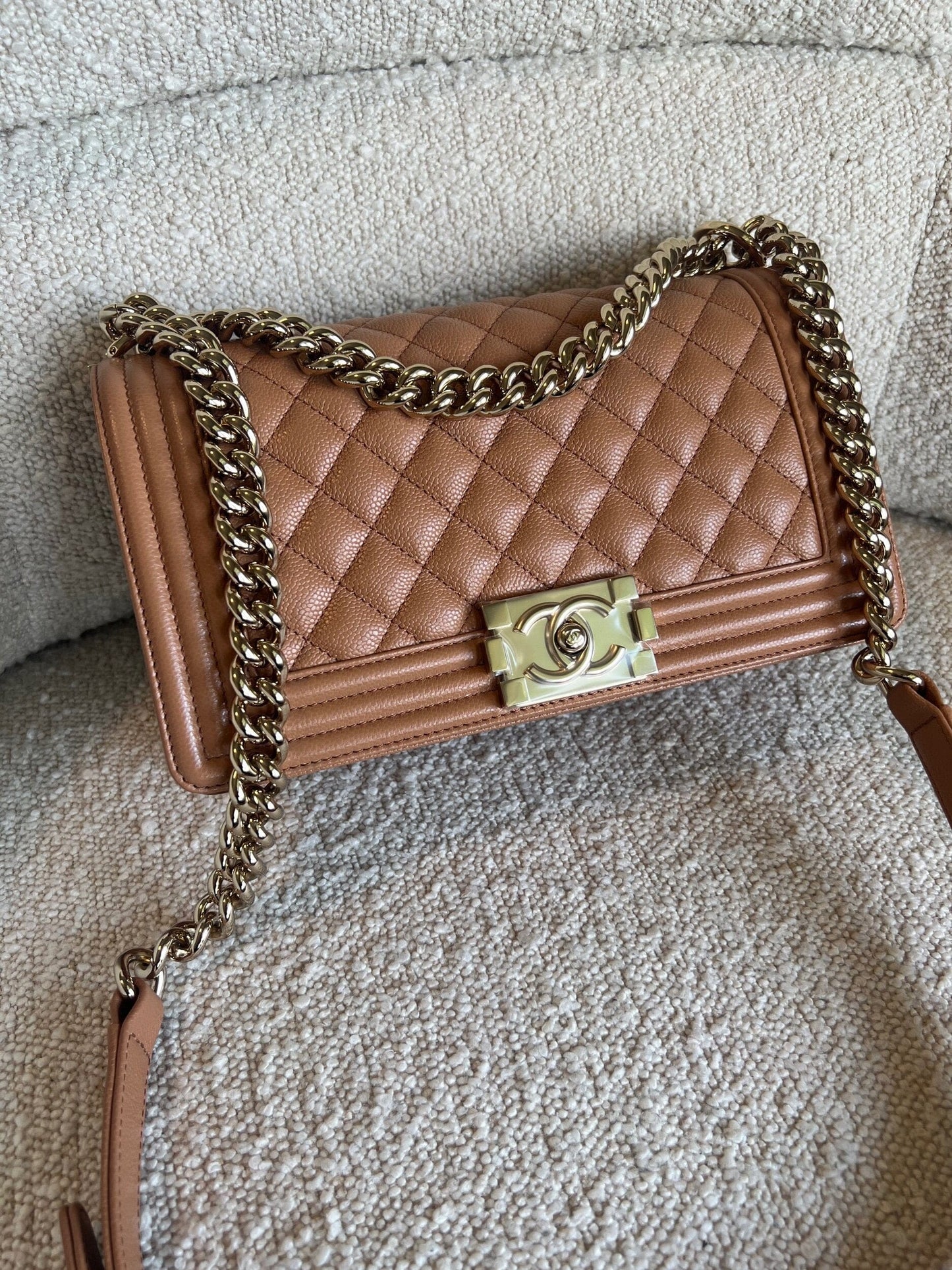 21K Caramel Caviar Quilted Old Medium Boy Bag LGHW