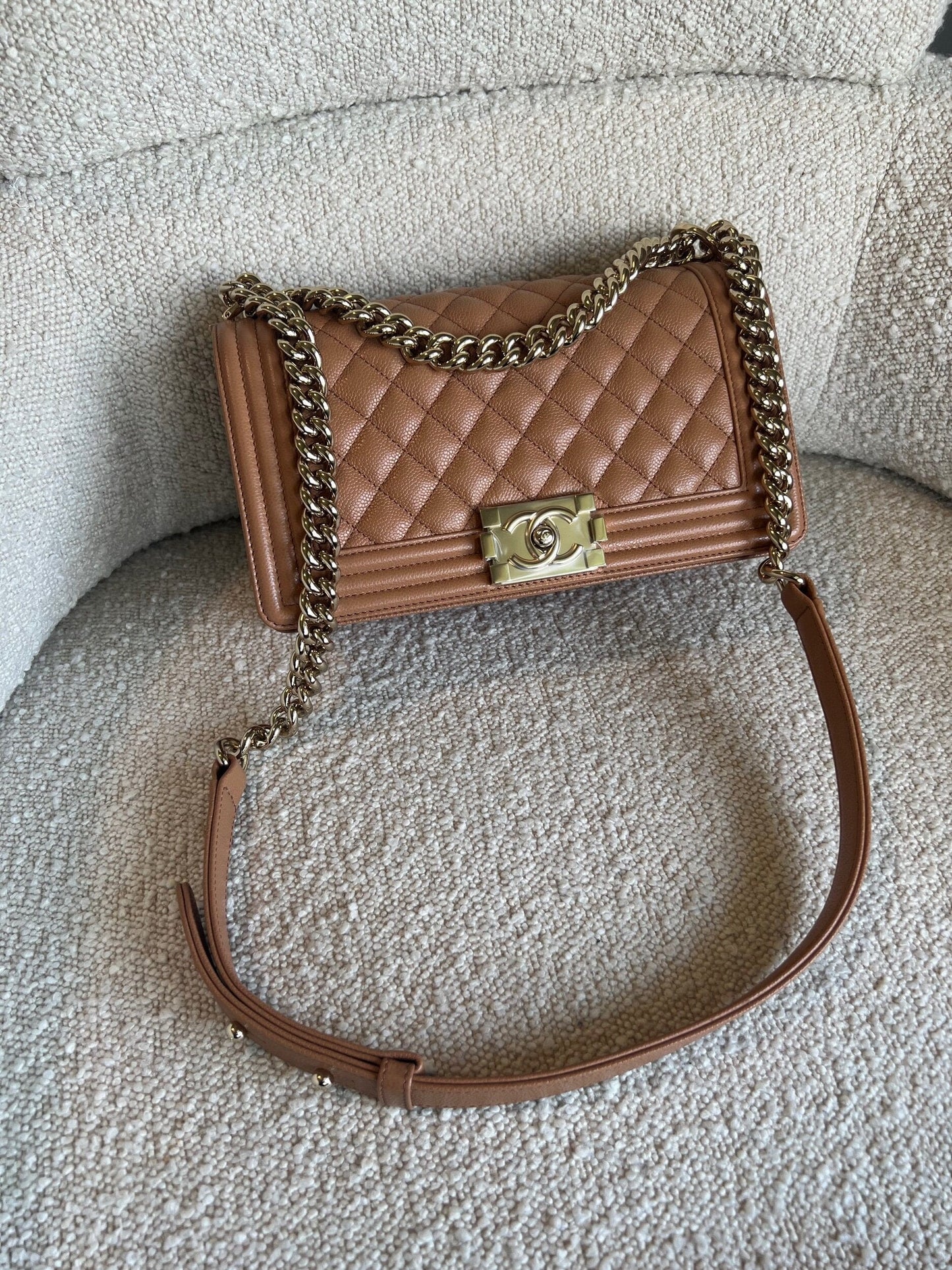 21K Caramel Caviar Quilted Old Medium Boy Bag LGHW