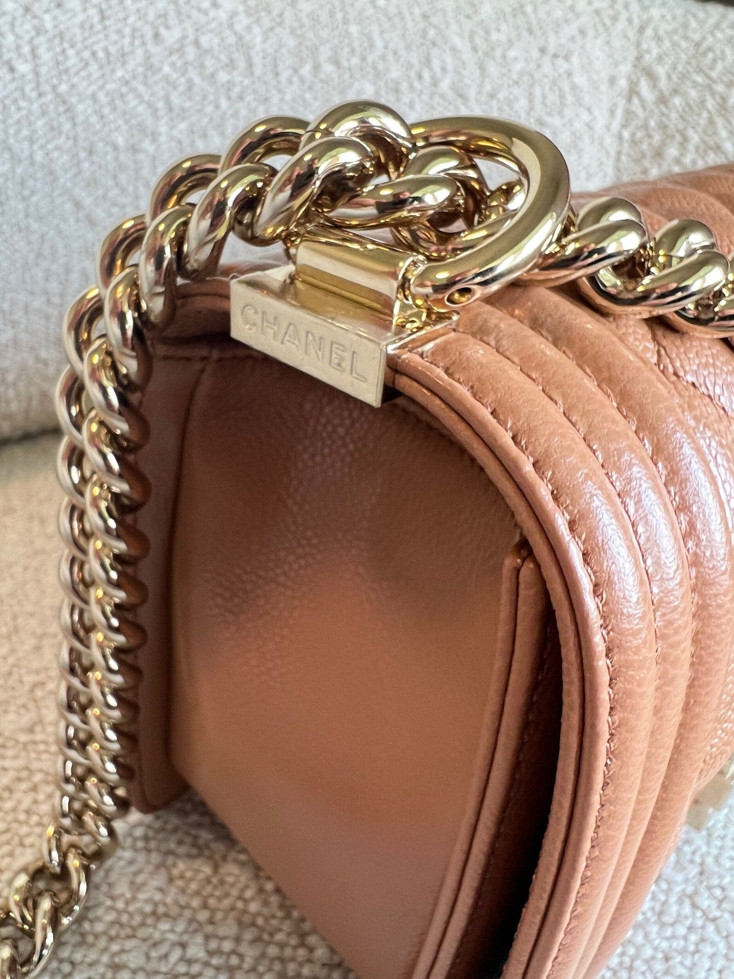 21K Caramel Caviar Quilted Old Medium Boy Bag LGHW