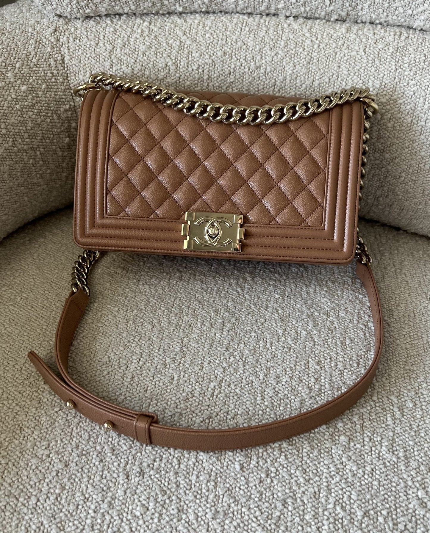 21K Caramel Caviar Quilted Old Medium Boy Bag LGHW -