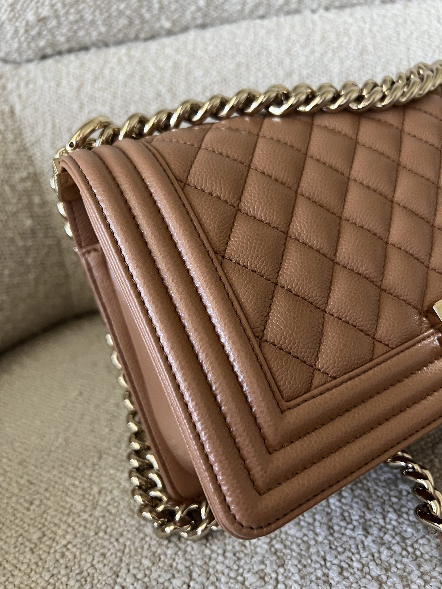 21K Caramel Caviar Quilted Old Medium Boy Bag LGHW -