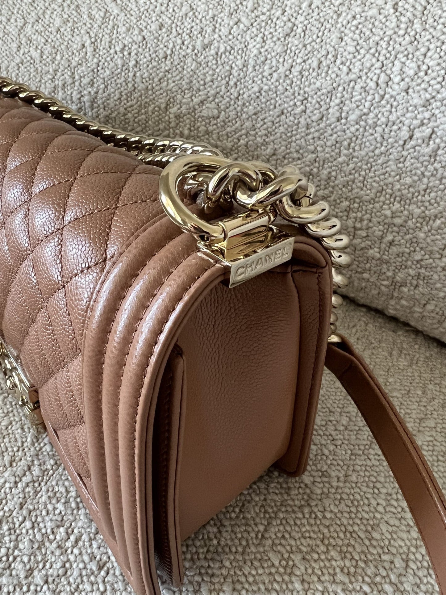 21K Caramel Caviar Quilted Old Medium Boy Bag LGHW -