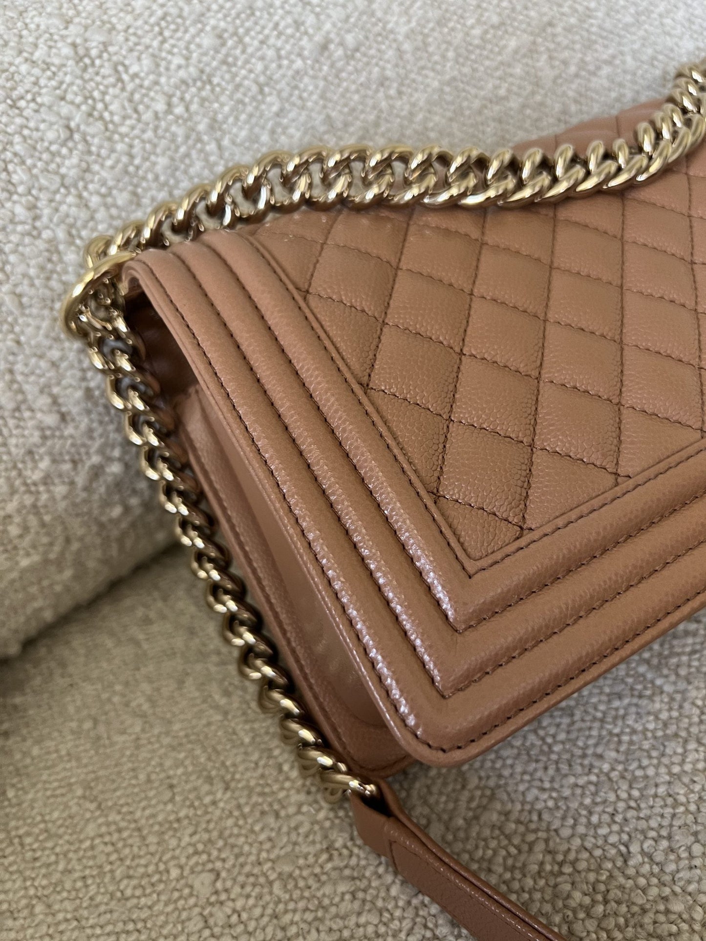 21K Caramel Caviar Quilted Old Medium Boy Bag LGHW -