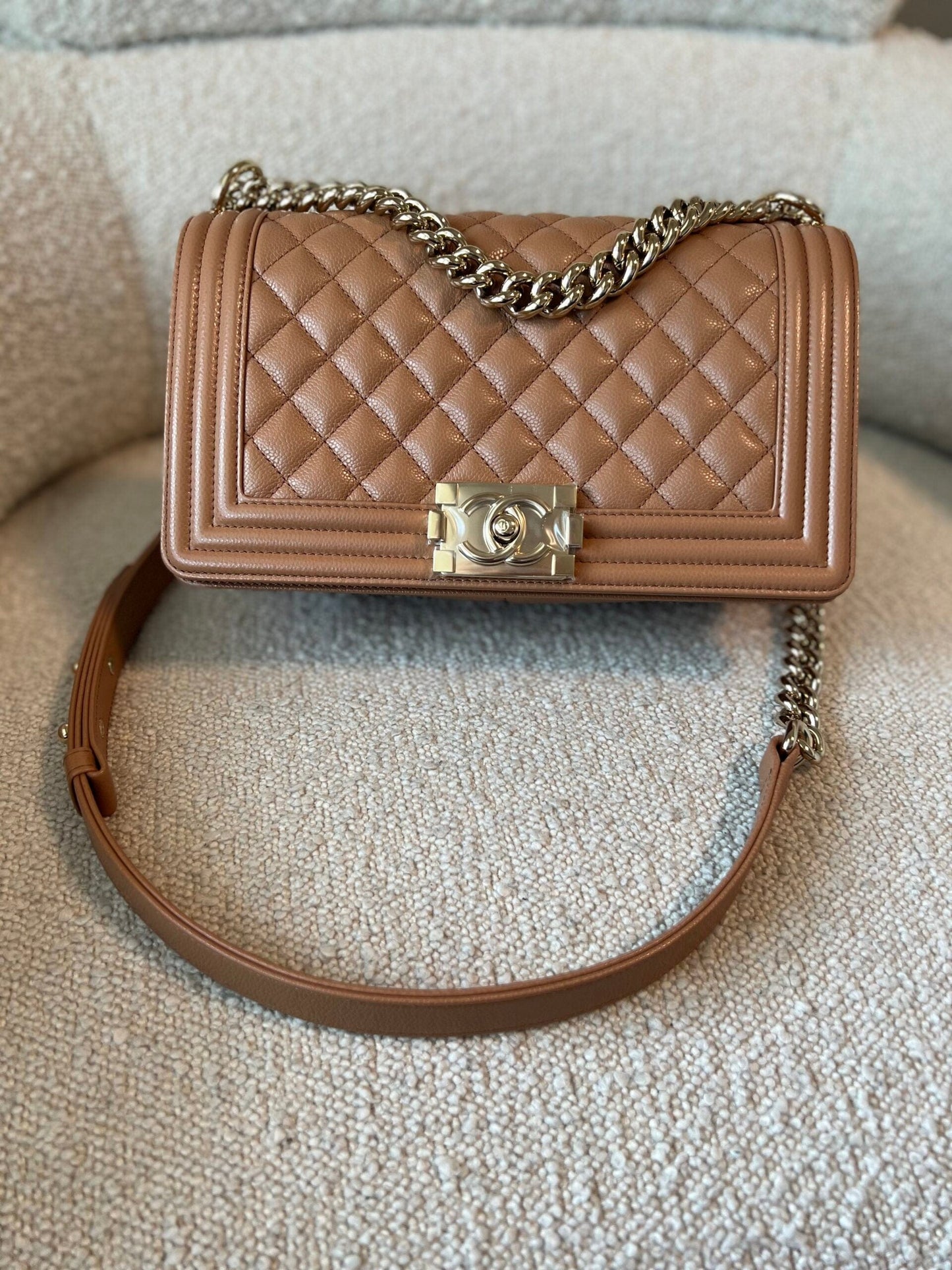 21K Caramel Caviar Quilted Old Medium Boy Bag LGHW