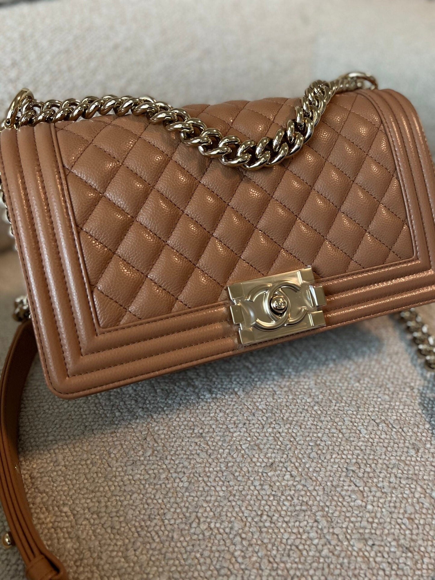 21K Caramel Caviar Quilted Old Medium Boy Bag LGHW