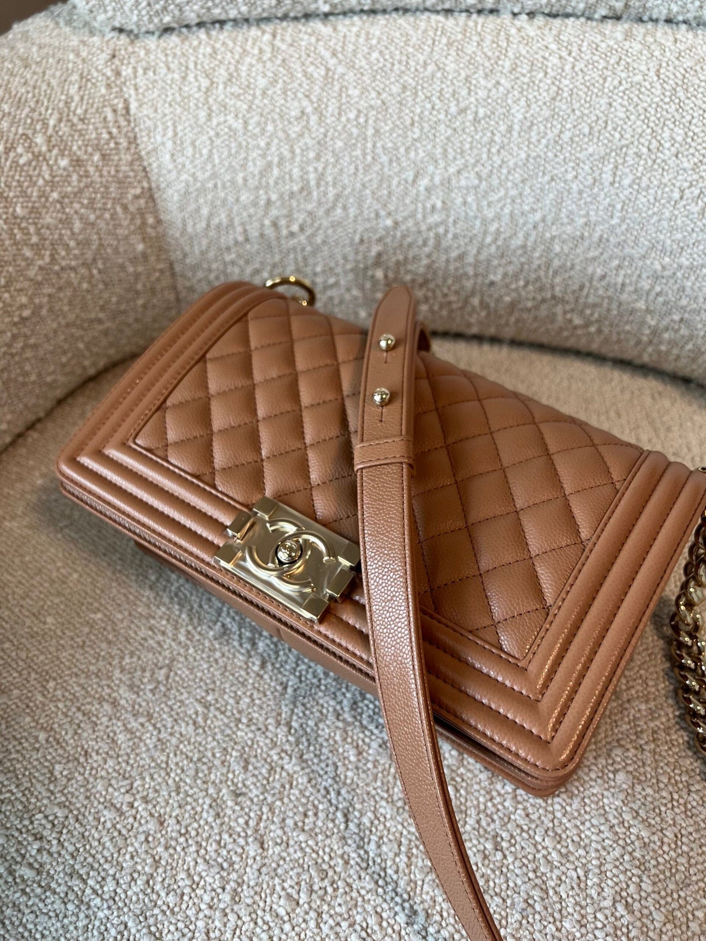 21K Caramel Caviar Quilted Old Medium Boy Bag LGHW