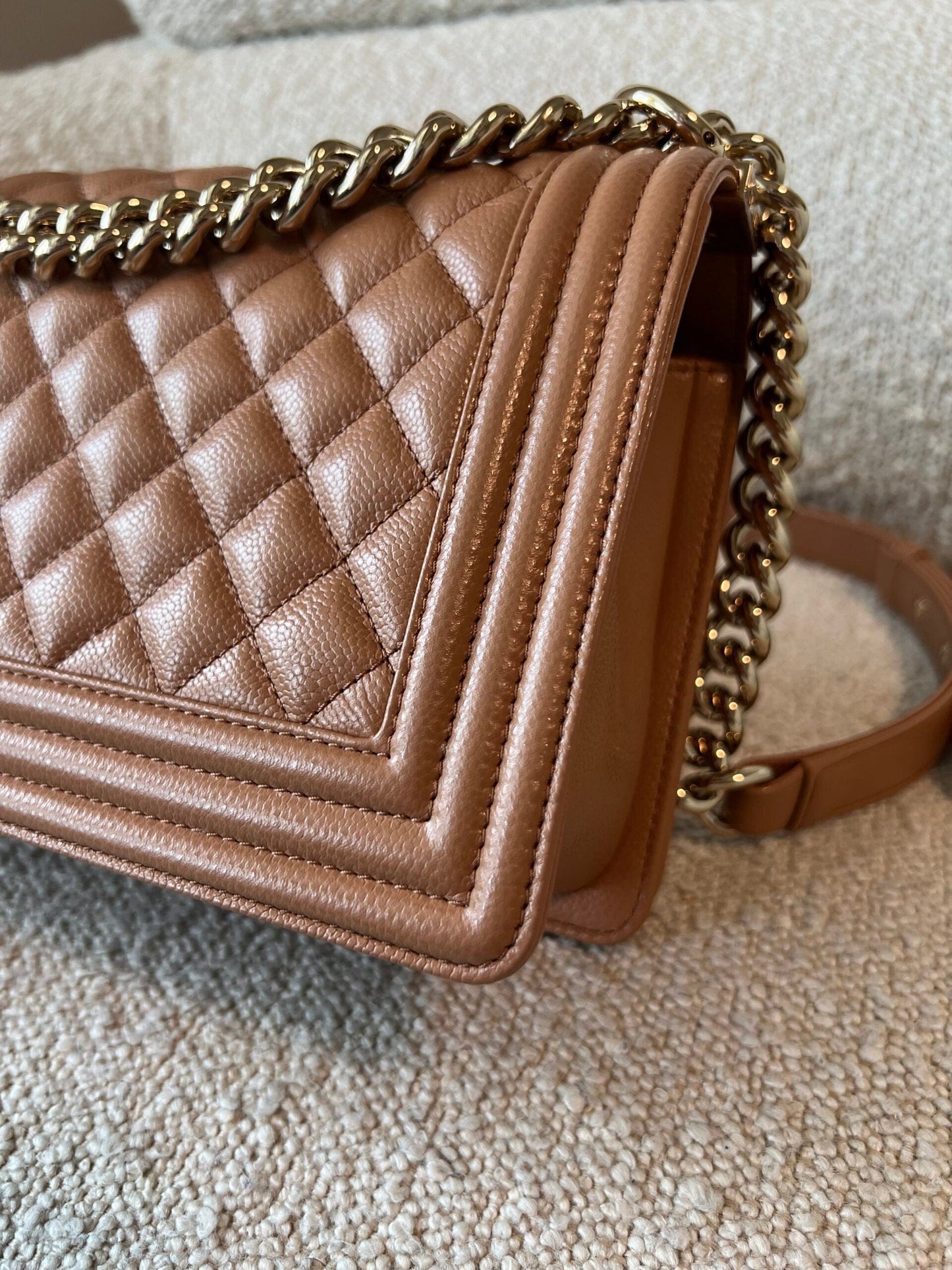 21K Caramel Caviar Quilted Old Medium Boy Bag LGHW