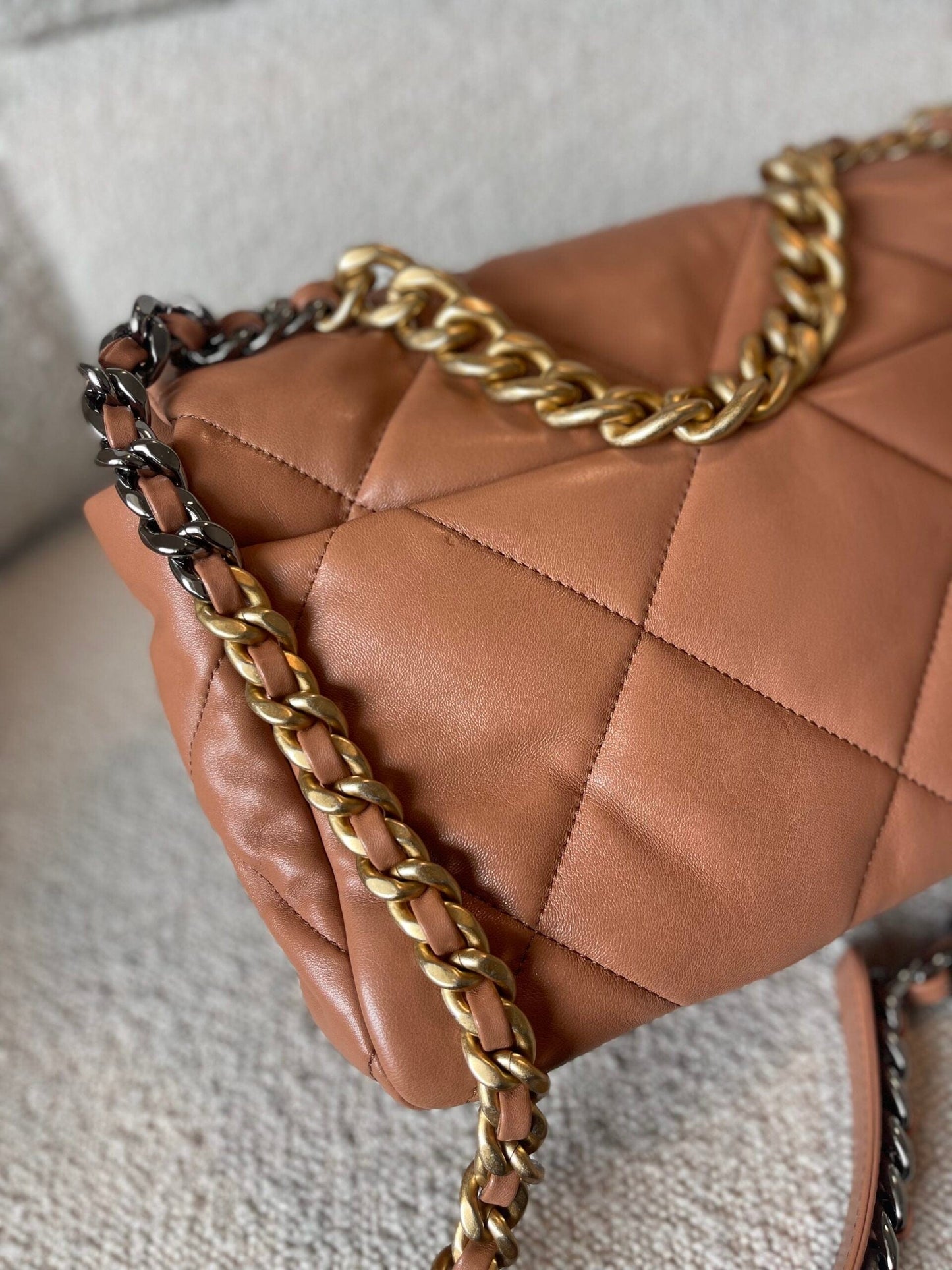 21K Caramel Lambskin Quilted 19 Flap Large Mixed Hardware