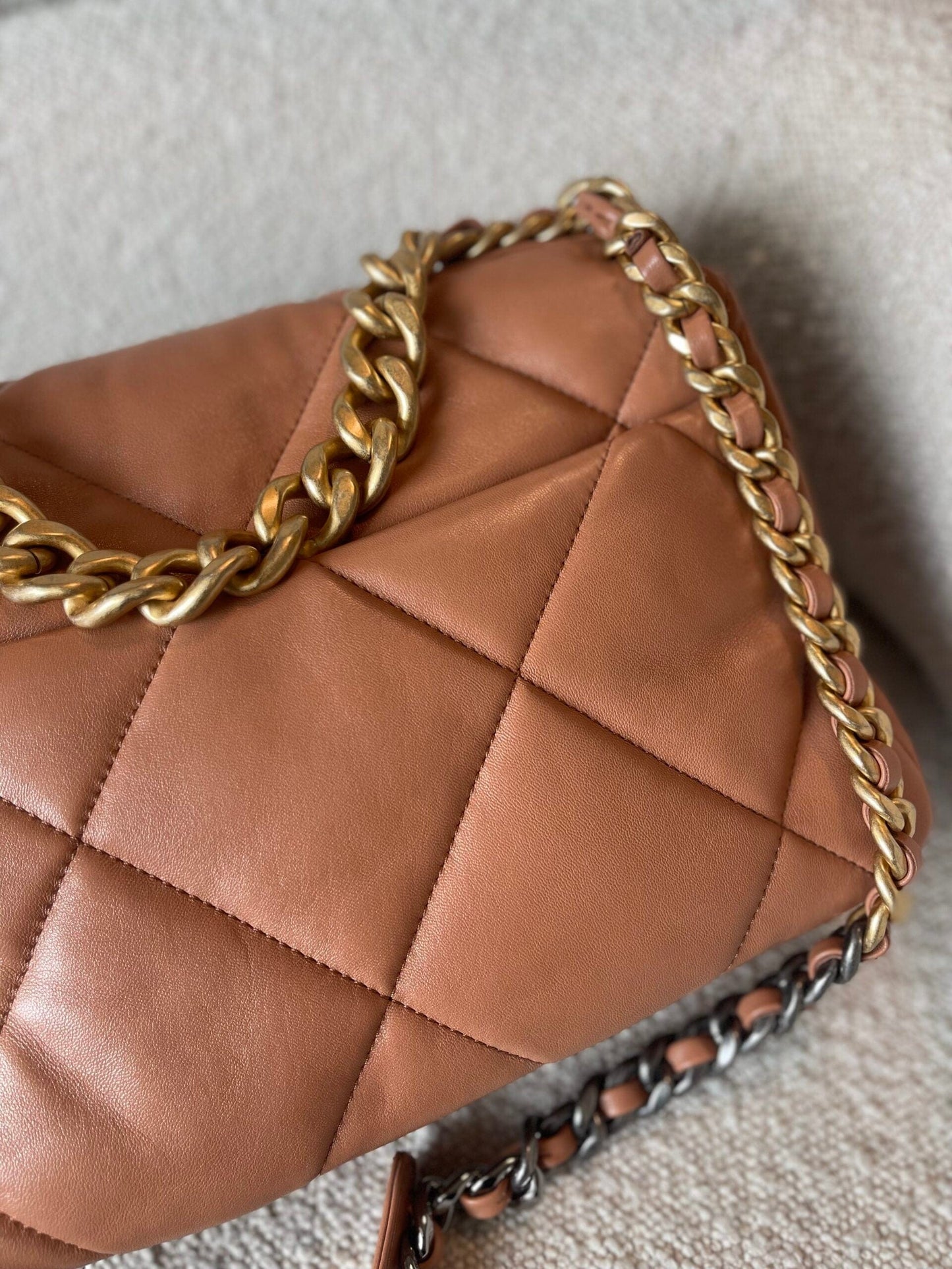 21K Caramel Lambskin Quilted 19 Flap Large Mixed Hardware