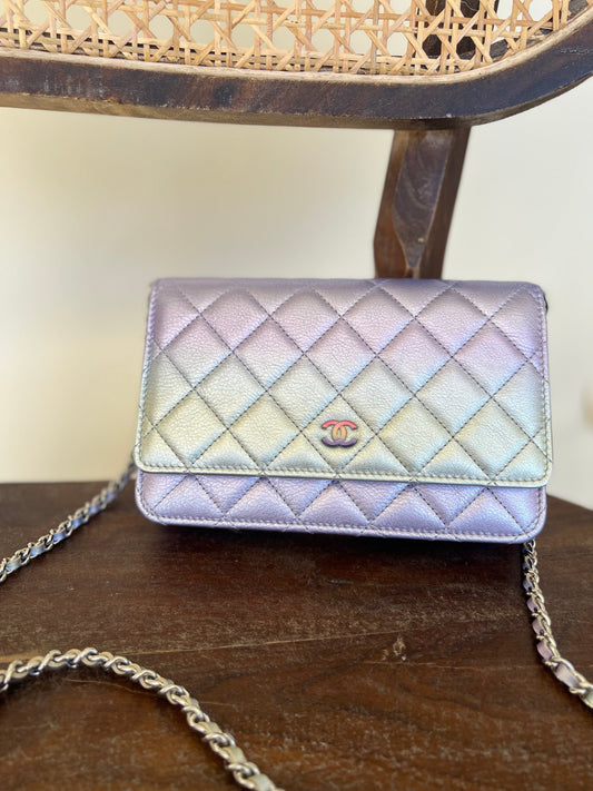 21K Gradient Metallic Rainbow Calfskin Quilted Wallet on Chain (WOC)