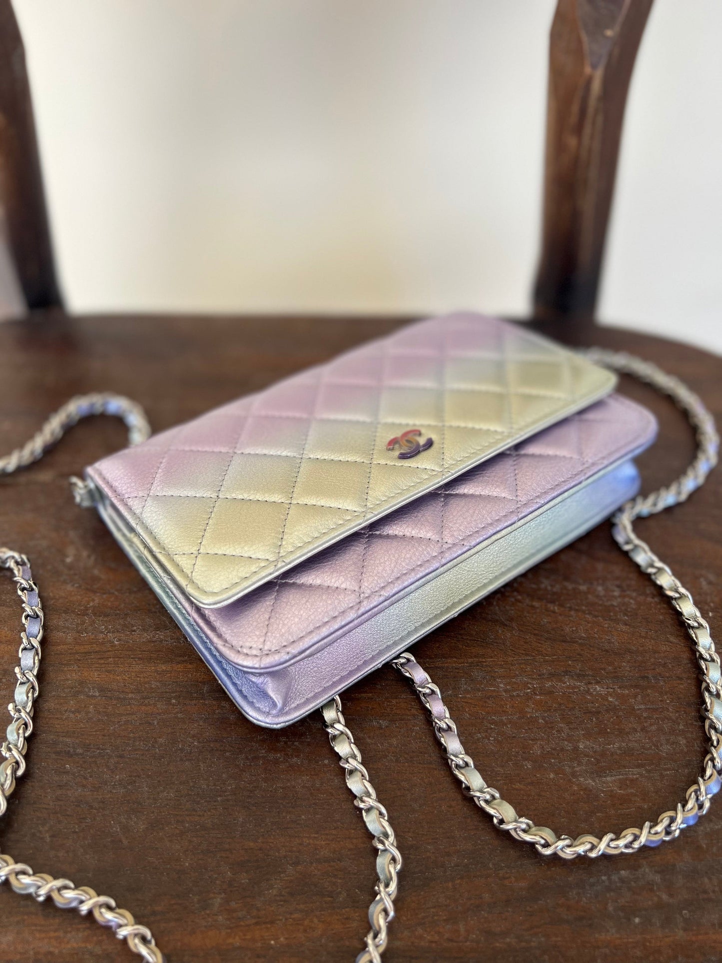 21K Gradient Metallic Rainbow Calfskin Quilted Wallet on Chain (WOC)