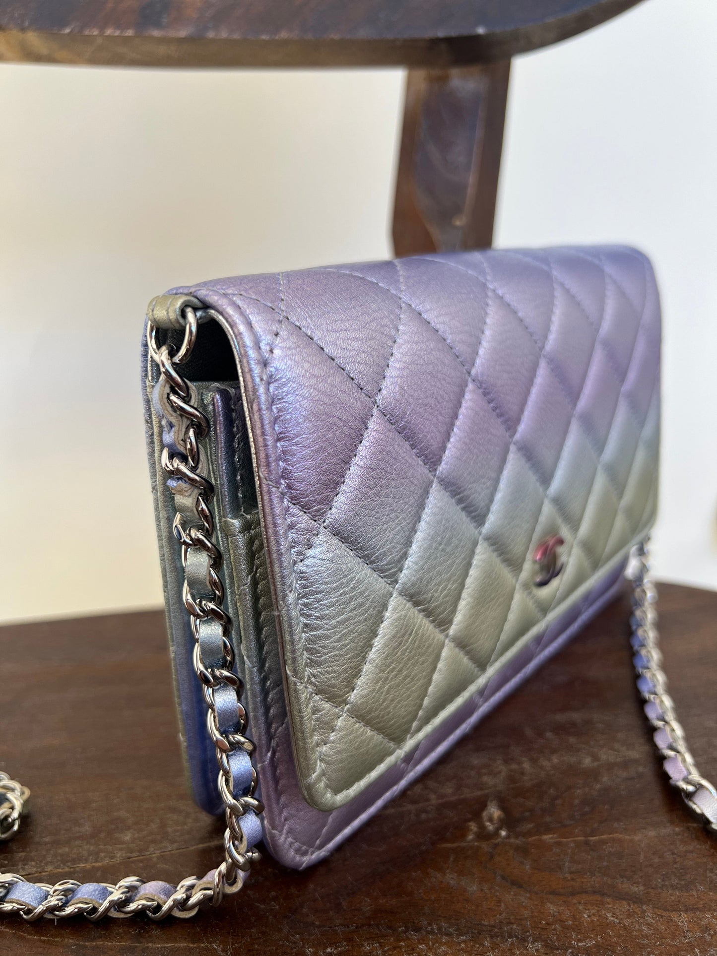 21K Gradient Metallic Rainbow Calfskin Quilted Wallet on Chain (WOC)
