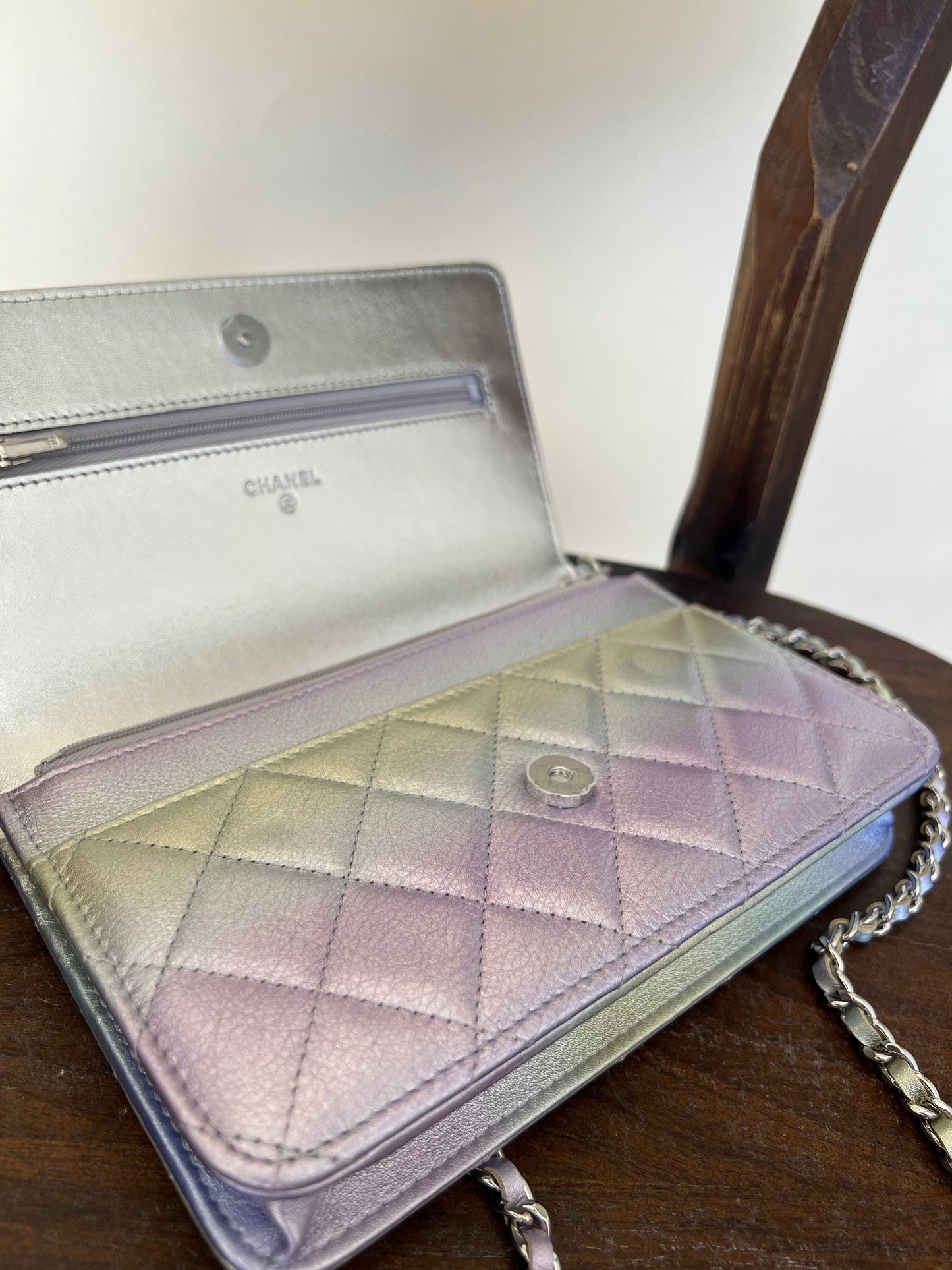 21K Gradient Metallic Rainbow Calfskin Quilted Wallet on Chain (WOC)