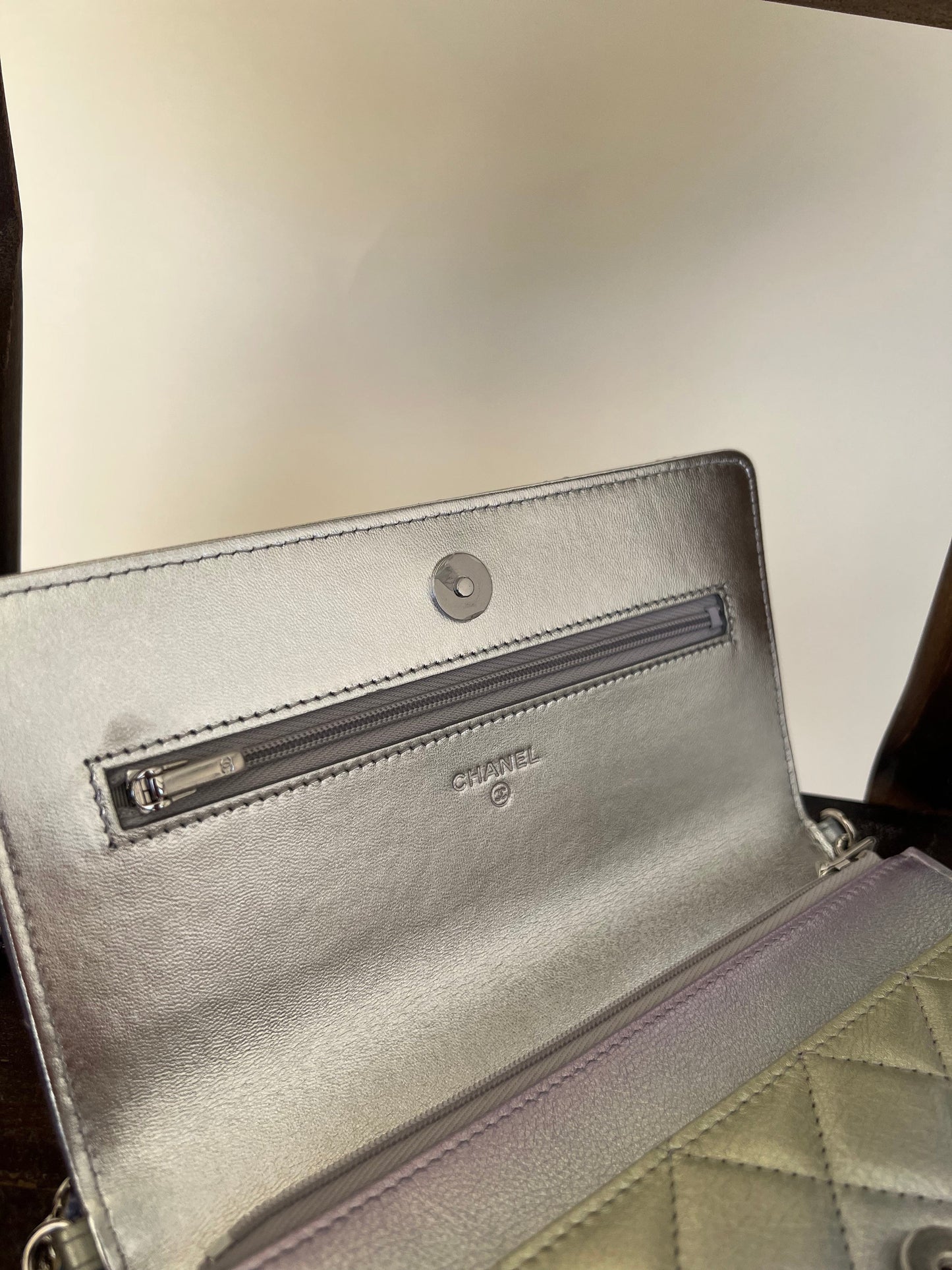 21K Gradient Metallic Rainbow Calfskin Quilted Wallet on Chain (WOC)