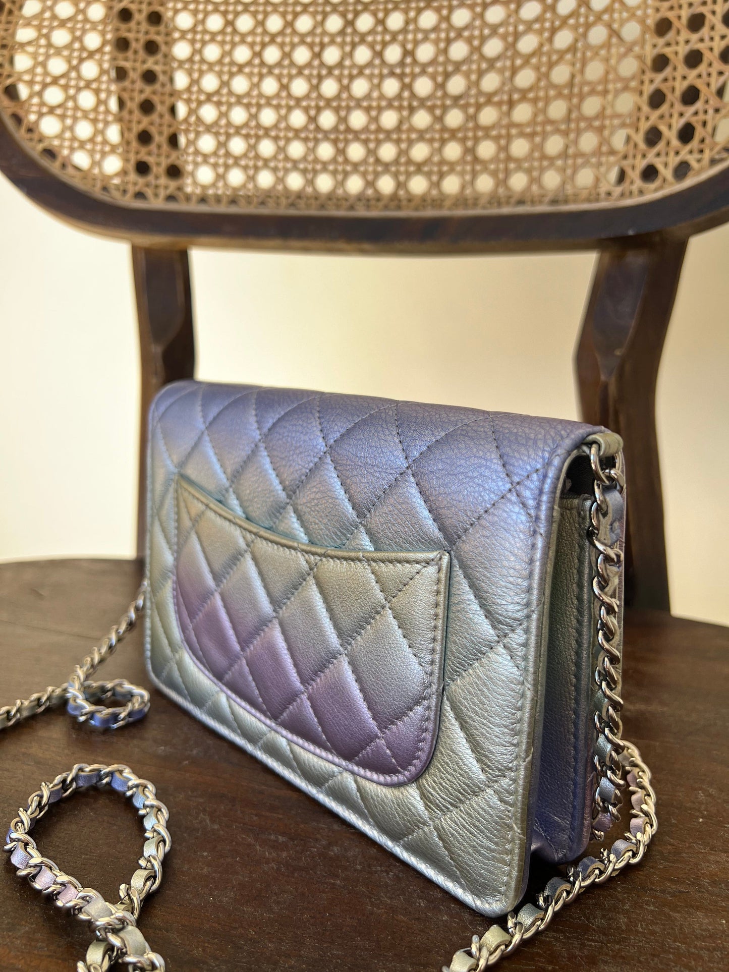 21K Gradient Metallic Rainbow Calfskin Quilted Wallet on Chain (WOC)