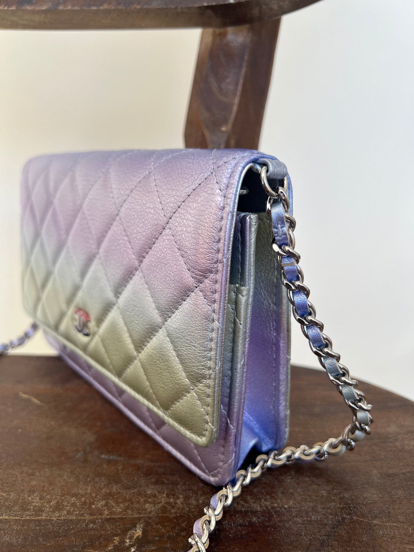 21K Gradient Metallic Rainbow Calfskin Quilted Wallet on Chain (WOC)