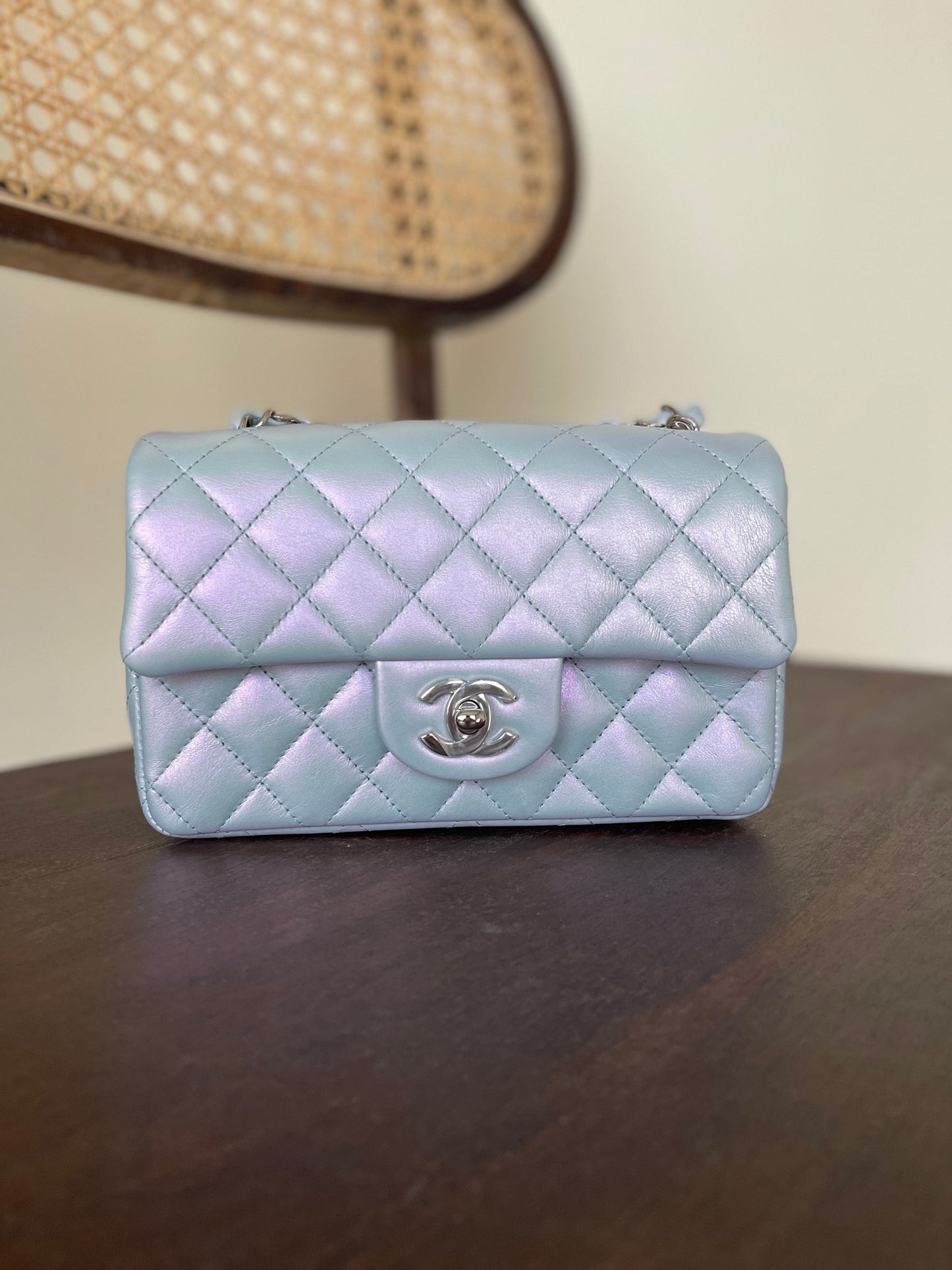 21K Iridescent Blue Calfskin Quilted Rectangular Mini SHW