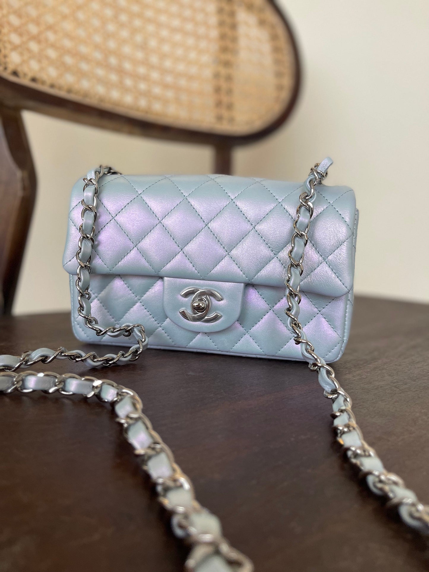 21K Iridescent Blue Calfskin Quilted Rectangular Mini SHW