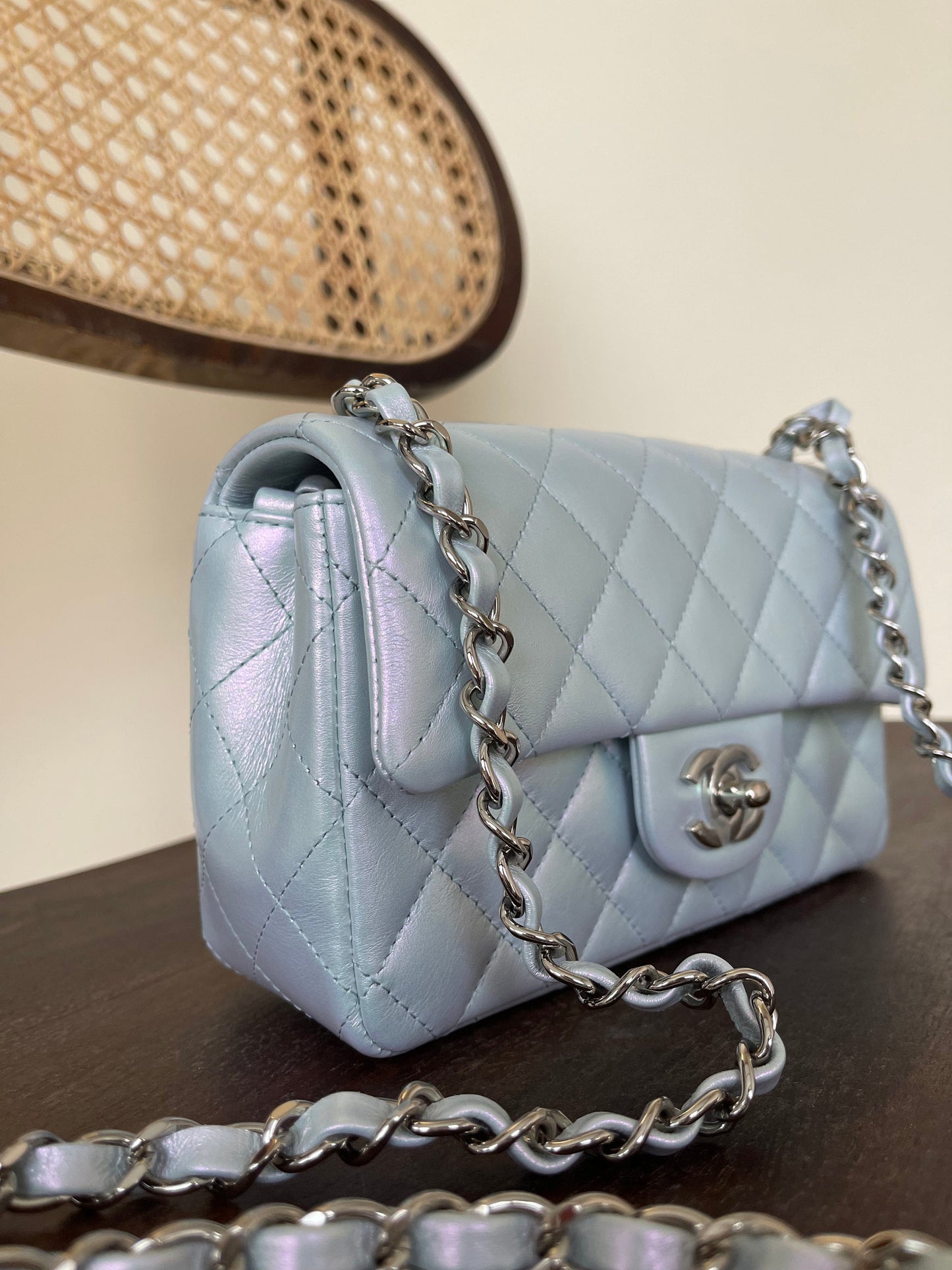 21K Iridescent Blue Calfskin Quilted Rectangular Mini SHW