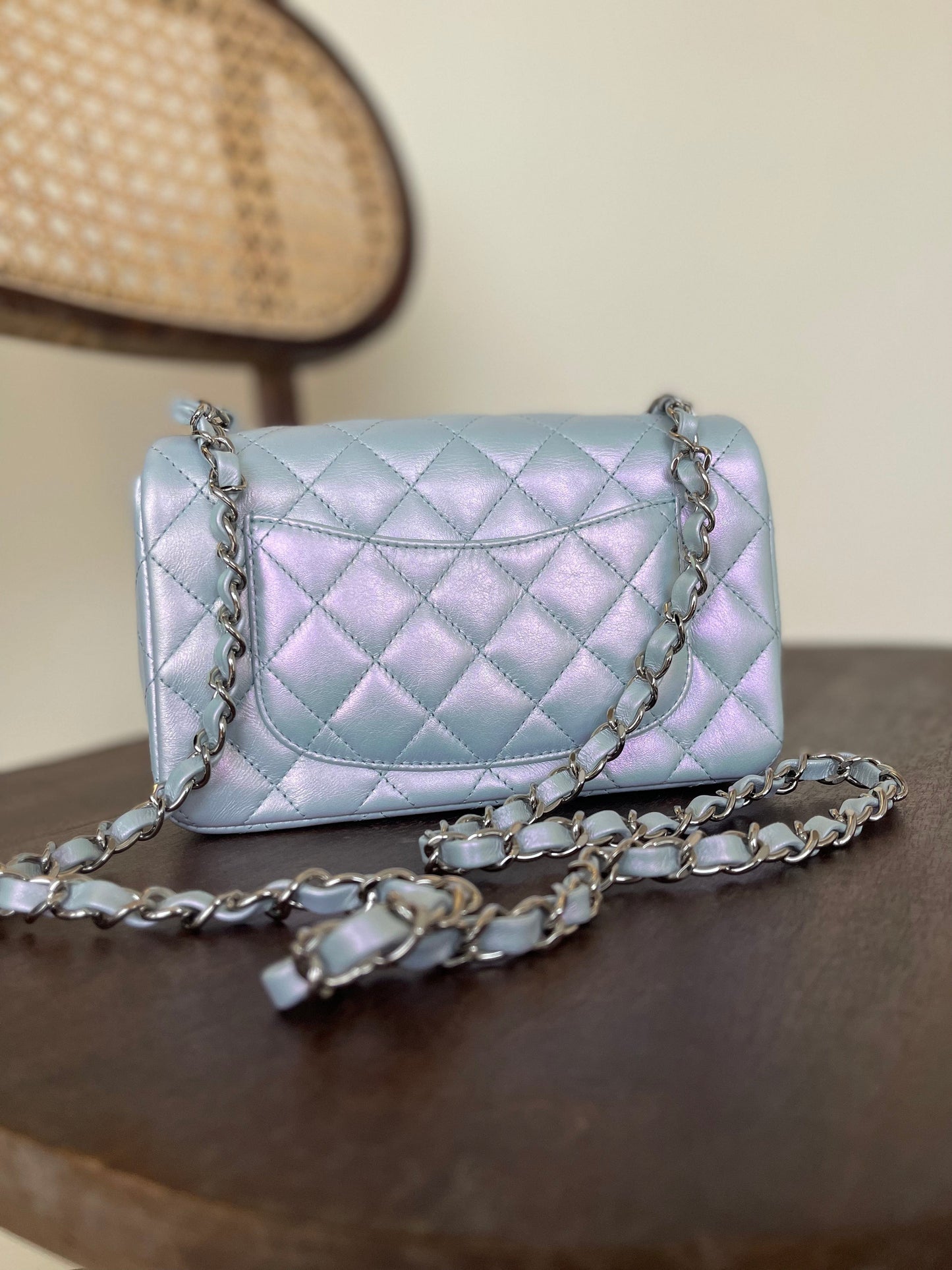 21K Iridescent Blue Calfskin Quilted Rectangular Mini SHW