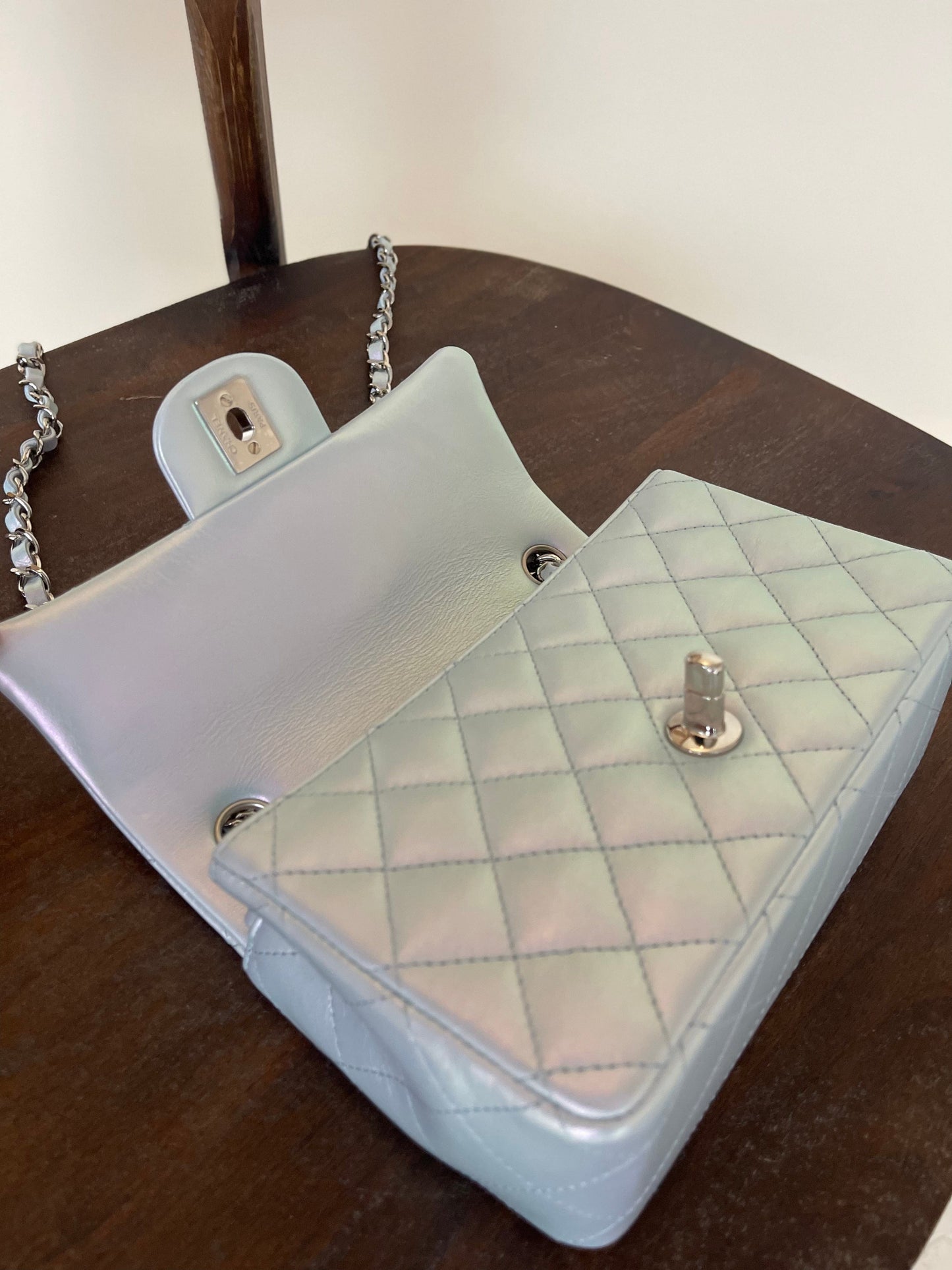 21K Iridescent Blue Calfskin Quilted Rectangular Mini SHW