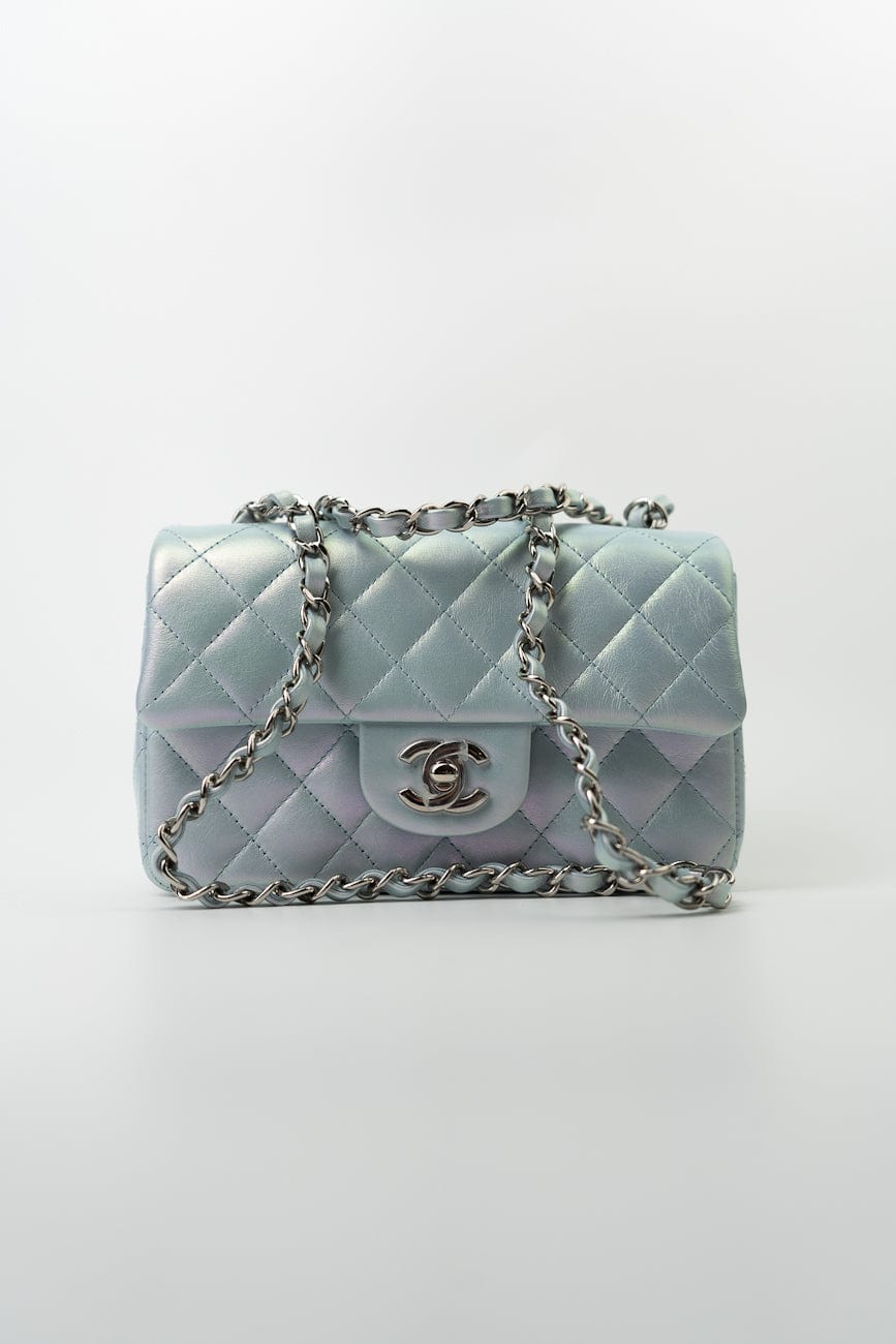 21K Iridescent Blue Calfskin Quilted Rectangular Mini SHW