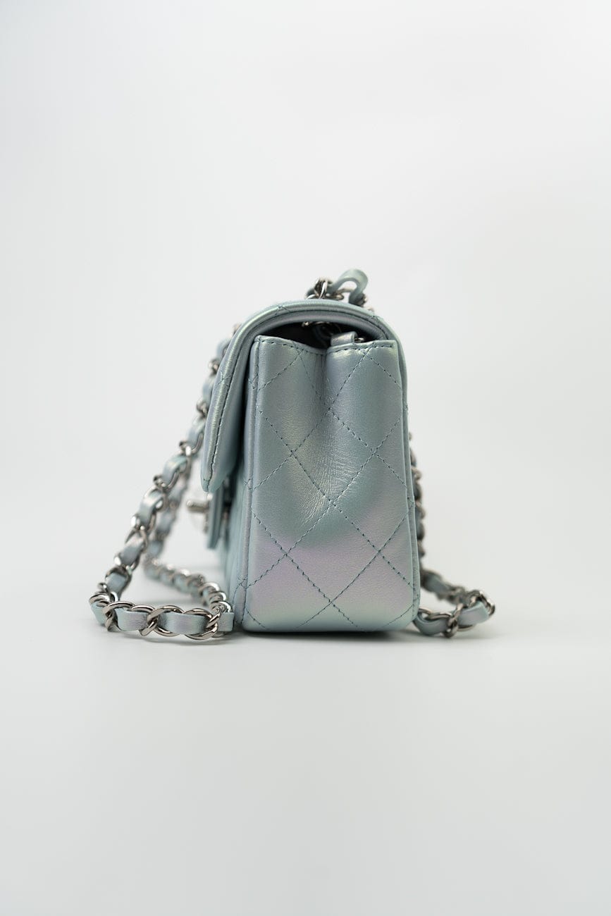 21K Iridescent Blue Calfskin Quilted Rectangular Mini SHW